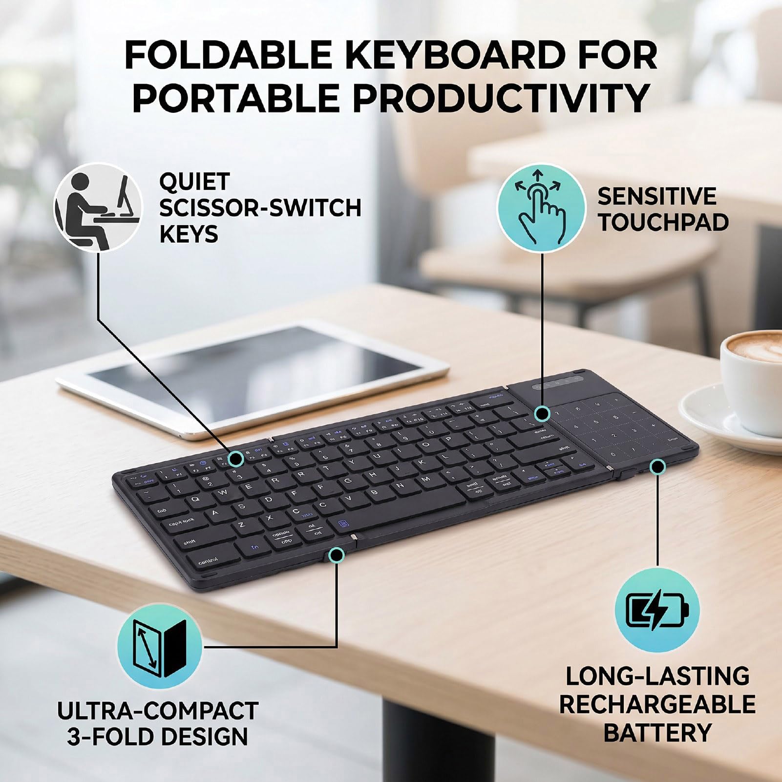 Tosuny Tastiera Bluetooth Pieghevole con Touchpad, Tastiera Wireless Portatile con Supporto e Custodia in Pelle PU, Tascabile Ricaricabile per Tablet Portatile IOS (BLACK)
