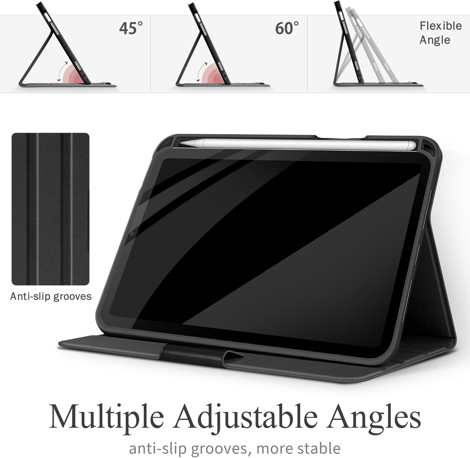 auaua Case for iPad mini 7 (A17 Pro), iPad mini 7th/6th Generation (2024/2021 8.3-inch), with Front Pocket Pencil Holder, Typing Angle Muti-Stand Magnetic Closure Auto Sleep/Wake (Black)