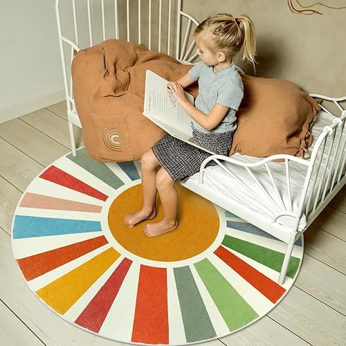 Miniatura 8 de STARUIA Alfombra de sol para dormitorio, 4 x 4 pies, lavable, colorida alfombra para niños, para cuarto de bebé, alfombra antideslizante ultra suave