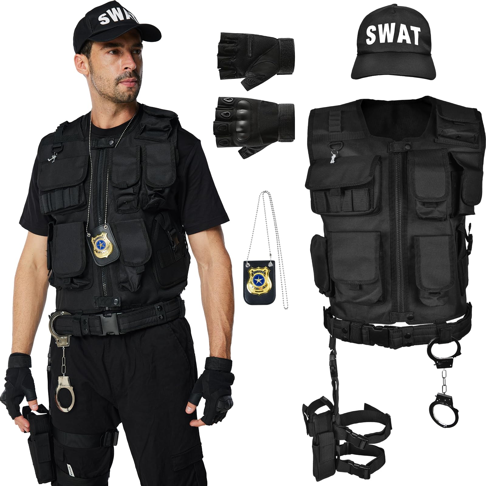 Ulikey Chaleco SWAT Adulto, Disfraz de Chaleco SWAT Policía Adulto, Guantes, Cinturón, Placa de Policía, Chaleco SWAT Disfraz de Policía para Hombre Halloween Fiesta de Disfraces Cosplay