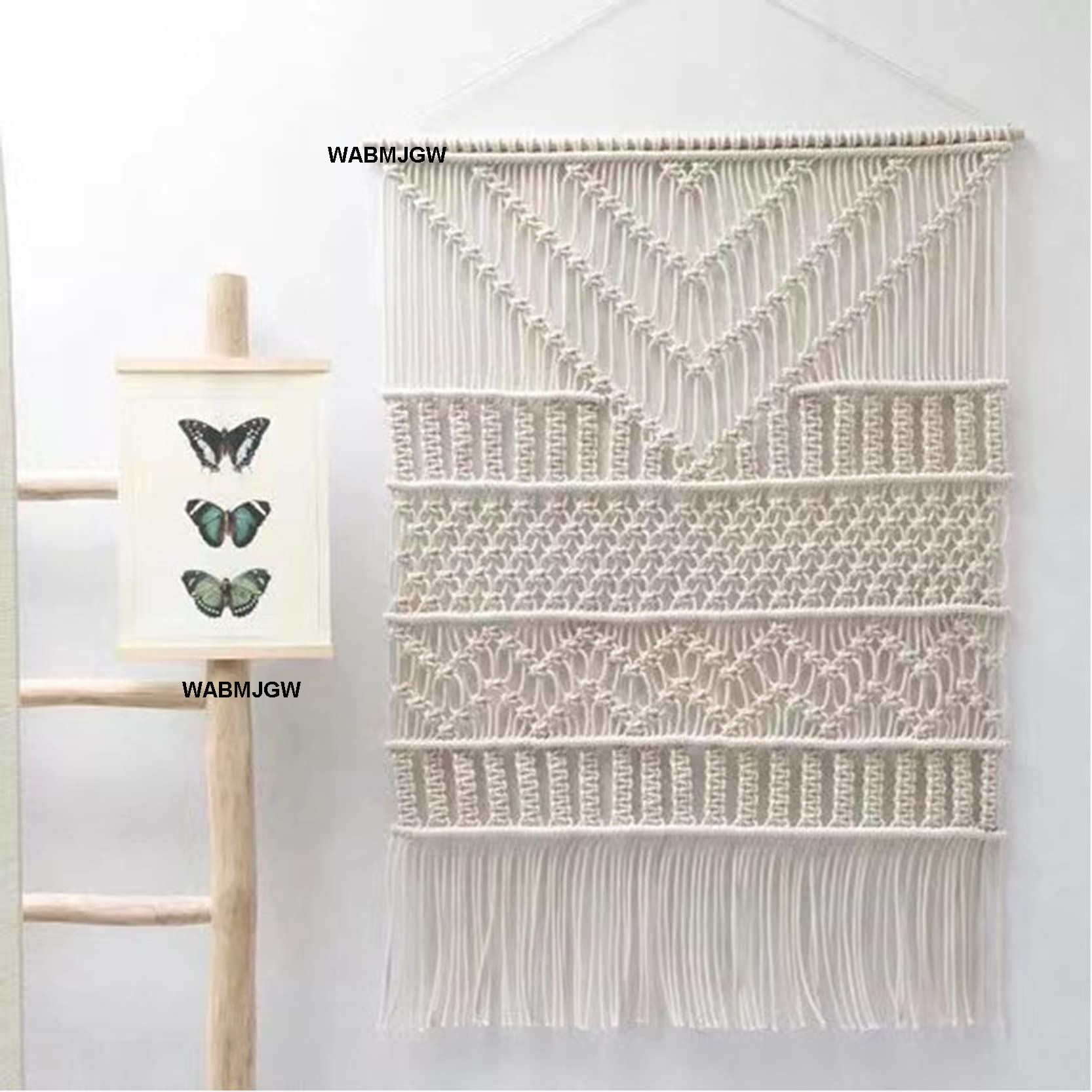 Tapiz Colgante de Pared de macramé, decoración Boho Rectangular, Tapiz de macramé Tejido a Mano, Cuerda de algodón, Arte de Pared, Dormitorio Bohemio decoración,Beige-82x110cm