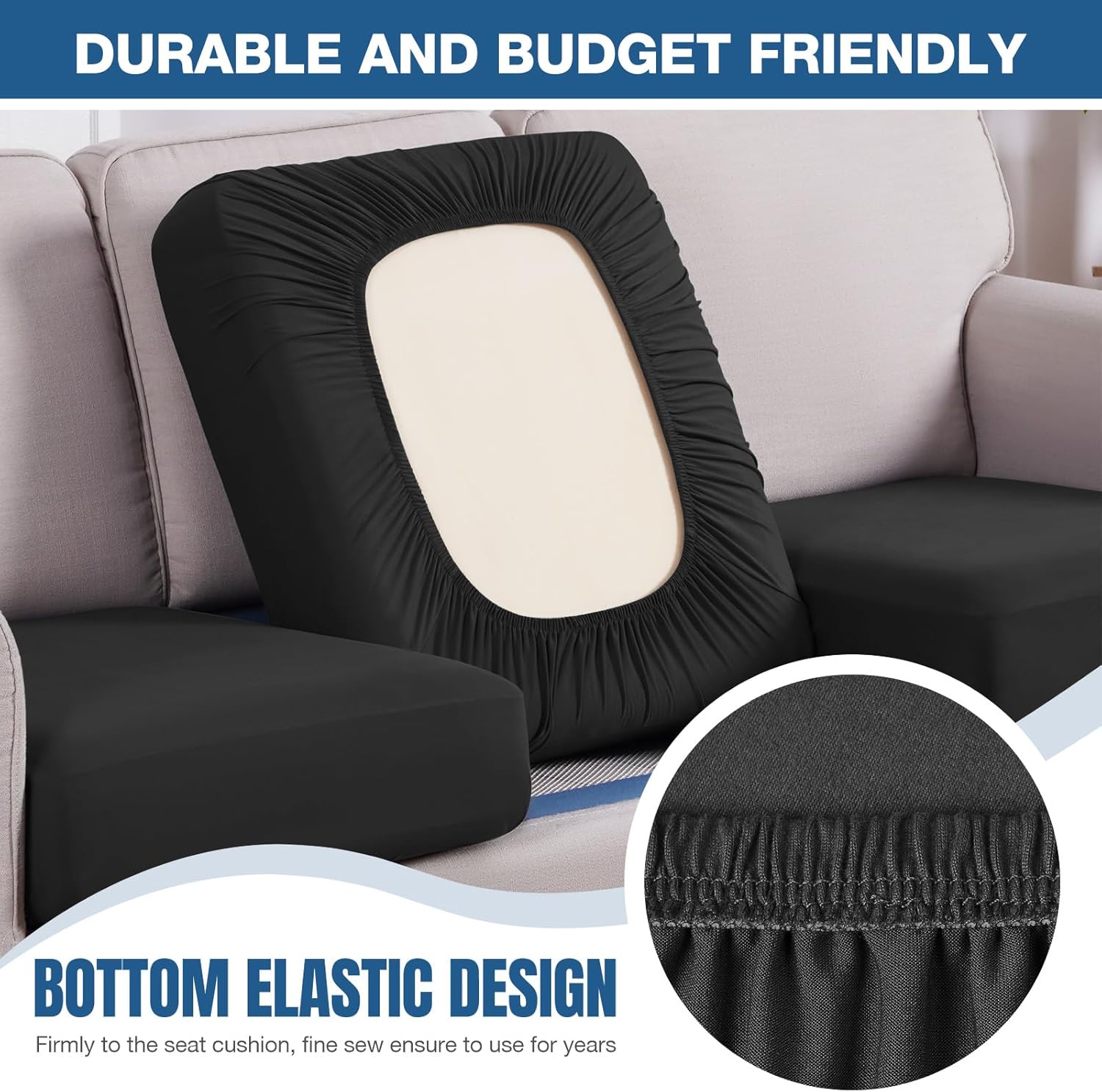 TAOCOCO Couch Cushion Covers 3 Pieces Stretch Couch Covers for 3 Cushion Couch, Sofa Seat Covers Soft Washable Furniture Protector(3-Piece for Sofa Seat or Backrest, Black)