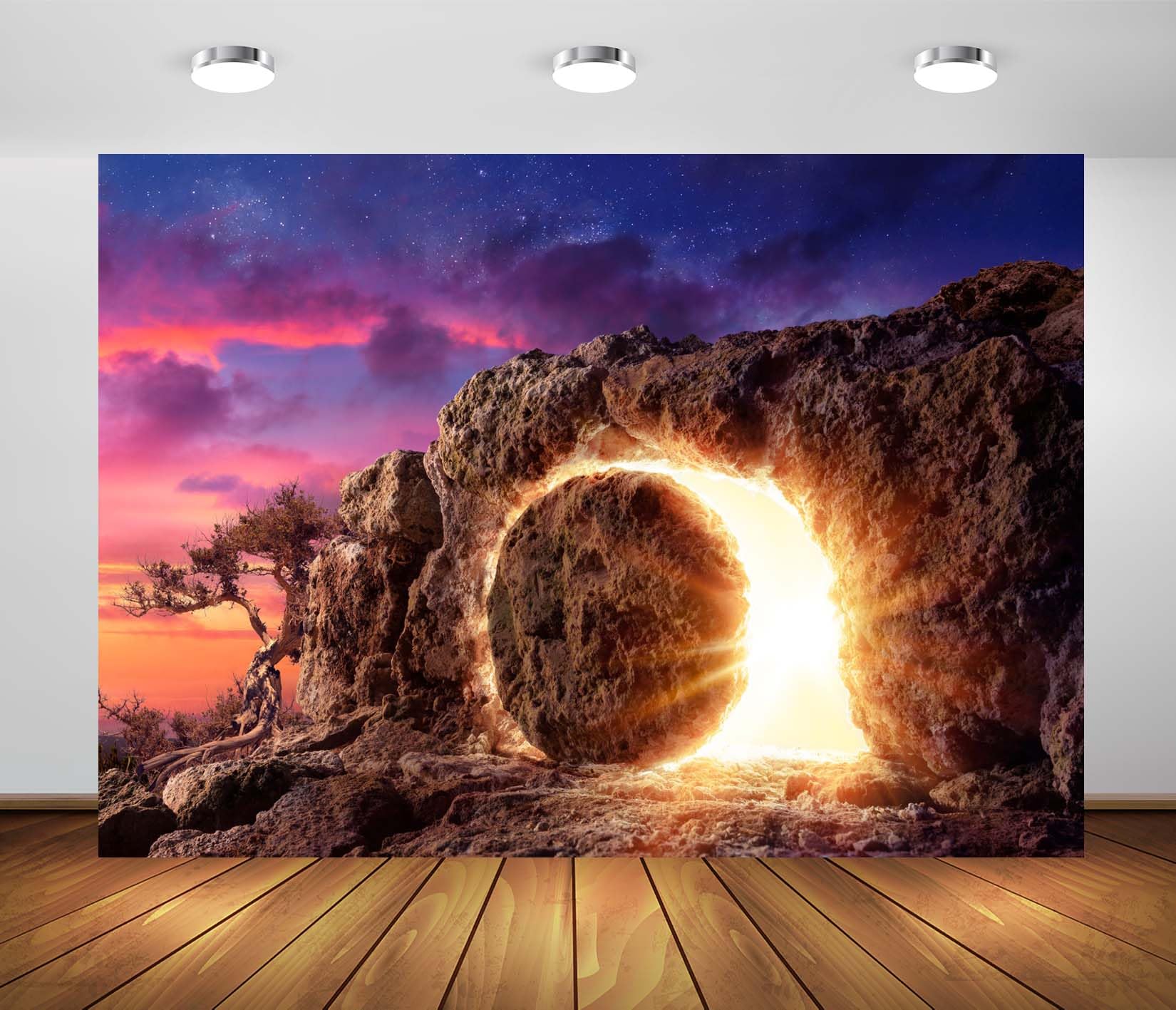3x2.5m La tomba di Gesù Sfondo Tomba di pietra vuota Sfondo fotografico Crocifissione di Gesù Cristo Luci sante Sfondo croce Dio benedica Gesù Preghiera cristiana Photo Booth