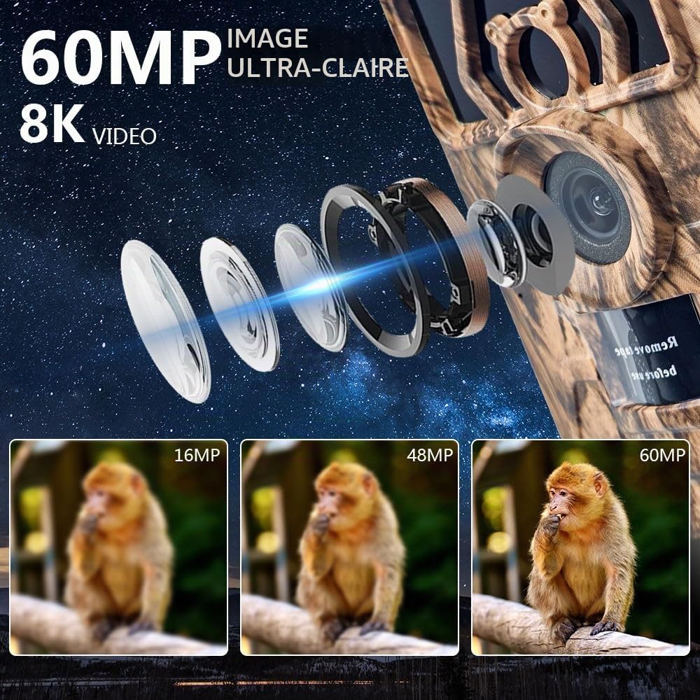 Caméra de Chasse 8K 60MP Full HD Camera Chasse avec Carte SD 32GB Nocturne Activé par Le Mouvement Infrarouge Surveillance Exterieur Grand Angle 120° Distance de Déclenchement 20m IP66 Étanche