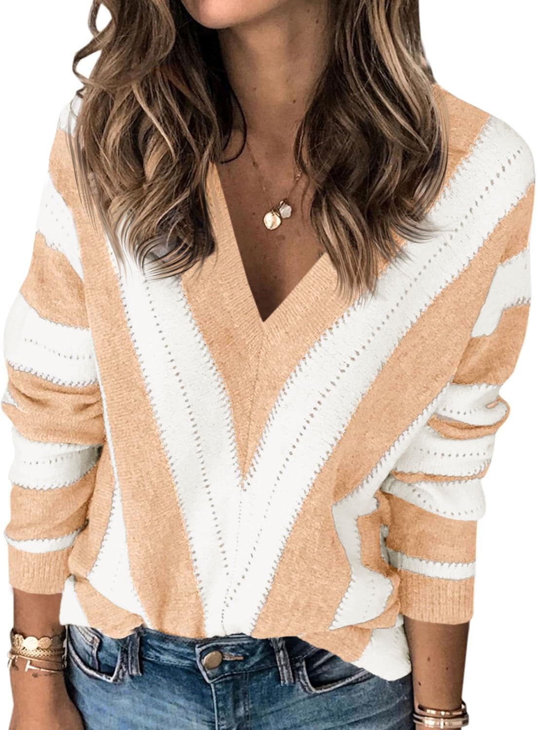 Fisoew Damen Pullover Oversized V-Ausschnitt Strickpullover