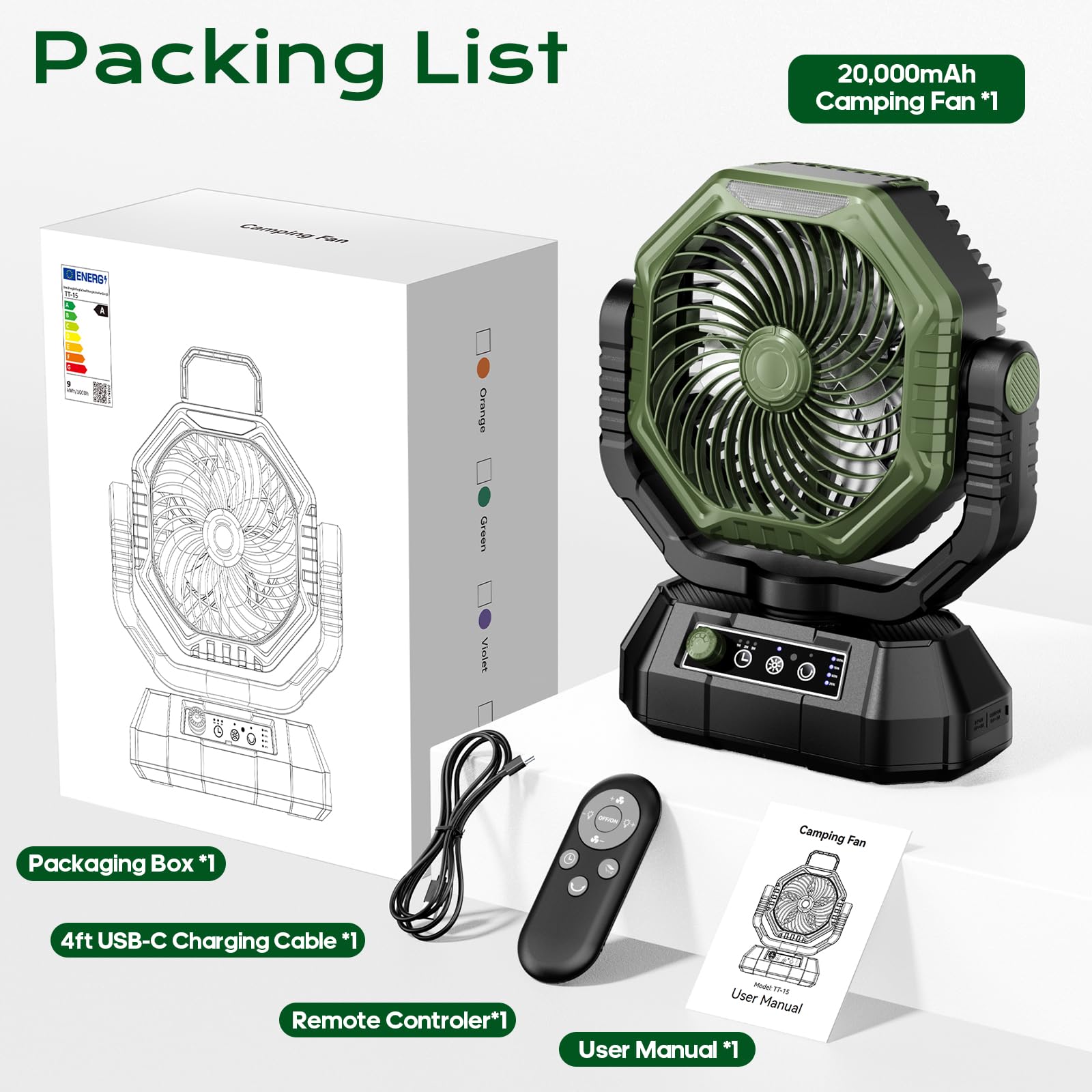 Ventilatore da Campeggio con Lanterna a LED, 20000 mAh Ventilatore da Tavolo con Telecomando e Gancio, Rotazione di 270°, Velocità Continua, Modalità Timer, per Tenda da Interno ed Esterno（Verde）