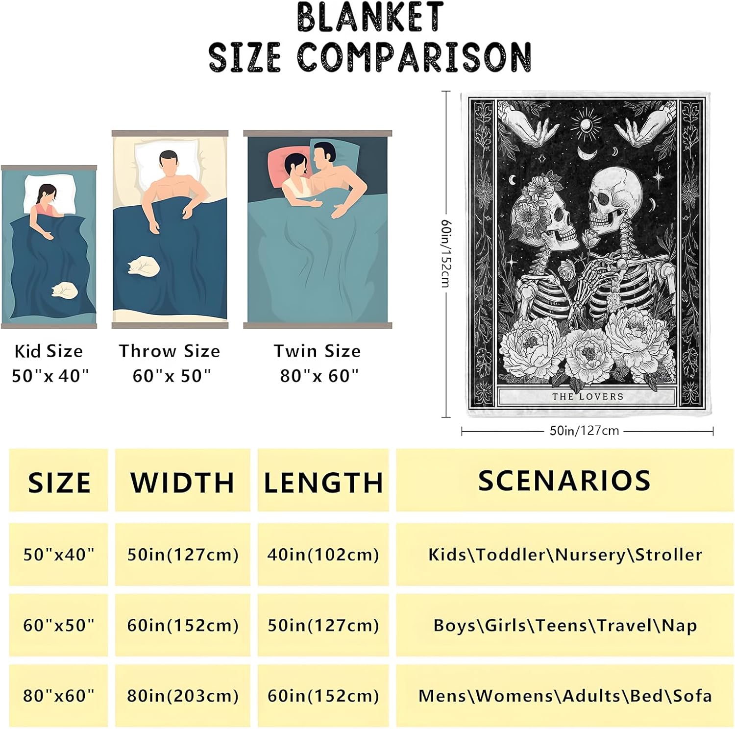 Skull Couple Throw Blanket Soft Cozy Lightweight Flannel Blankets with Gothic Romantic Skeleton Lovers and Floral Printed for Adults Bedroom Dorm Office Goth Halloween Decor Gifts 50x60 Inch