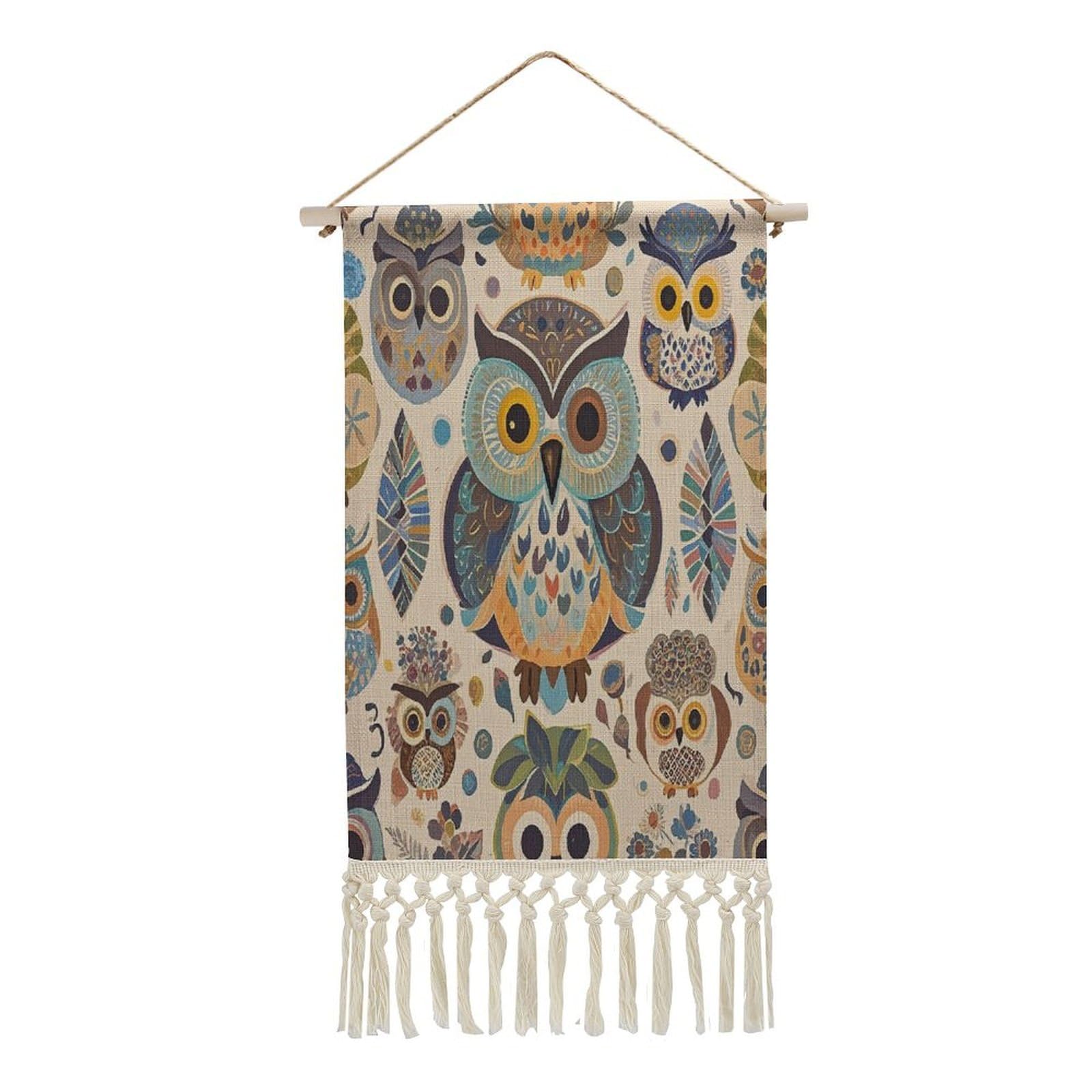 FekiLoot Color Owl Pattern Wall Art Print Decor Art Tapestry with Tassel Cotton Linen Hanging Poster Vintage Aesthetic Wall Art Poster Rustic Wall Art Decor for Home Bedroom Living Room Office