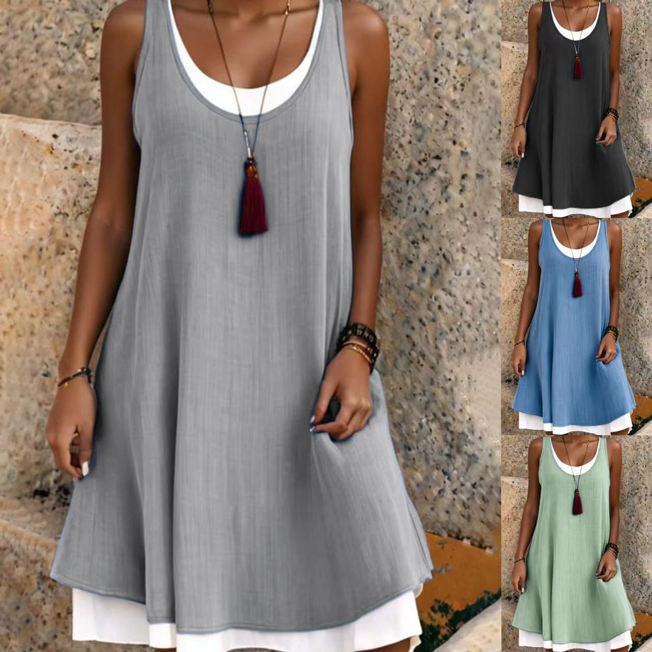Damen-Midikleid aus Baumwollleinen, ärmelloses U-Ausschnitt-Midikleid in Knielänge, A-Linien-Tunika, Mini-Swing-Sommerkleid, lässiges Strand-Sonnenkleid