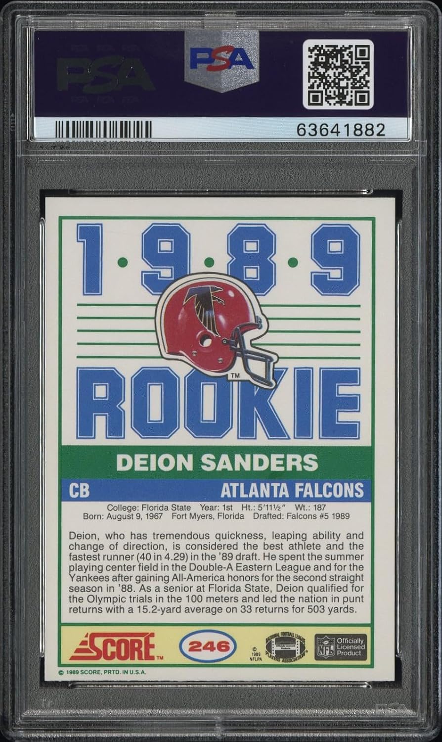 Deion Sanders 1989 Score Football Rookie Card #246 | PSA 8 Graded (Cert#63641882) Football Cards for Enthusiasts and Card Collectors