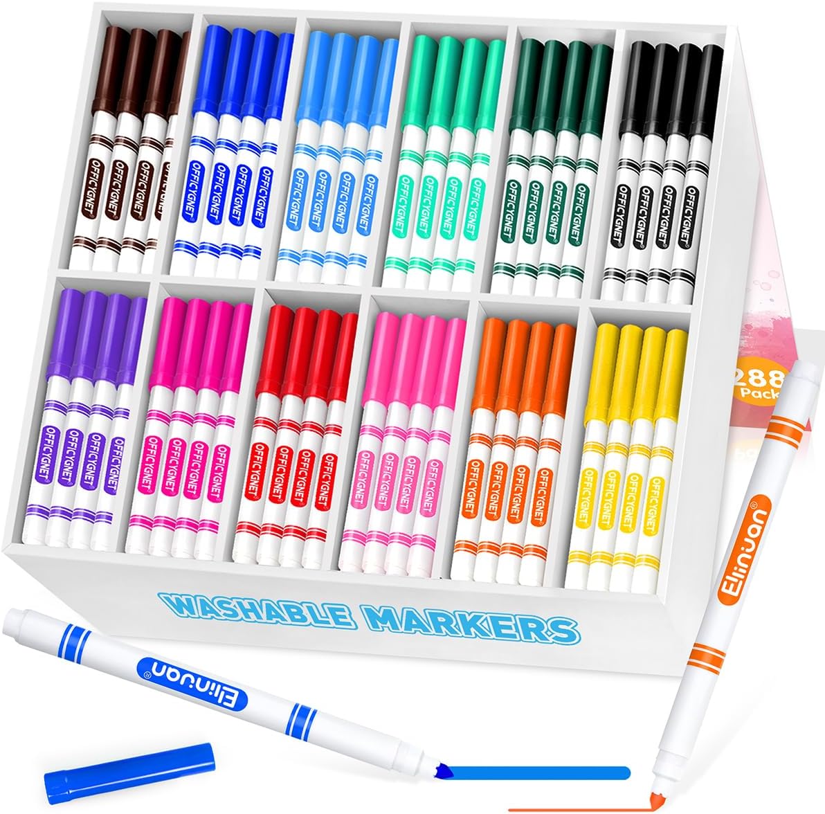 Ellinjan 288 Count Washable Markers Bulk, 12 Assorted Colors, Fine Line Colored Marker with Conical Tip, Washable Markers for Kids, Bulk Marker for Classroom, School Art Supplies for Students Teachers