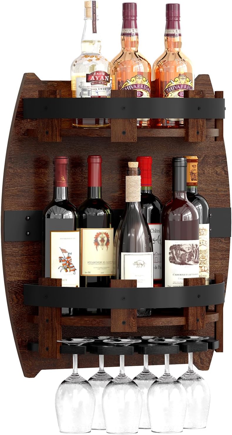 Whiskey Display Shelf,Whiskey Shelf Wall Mounted,Rustic Bourbon Shelf,Space-Saving Whiskey Barrel Decor for Vintage Wine Bar and Home Decor