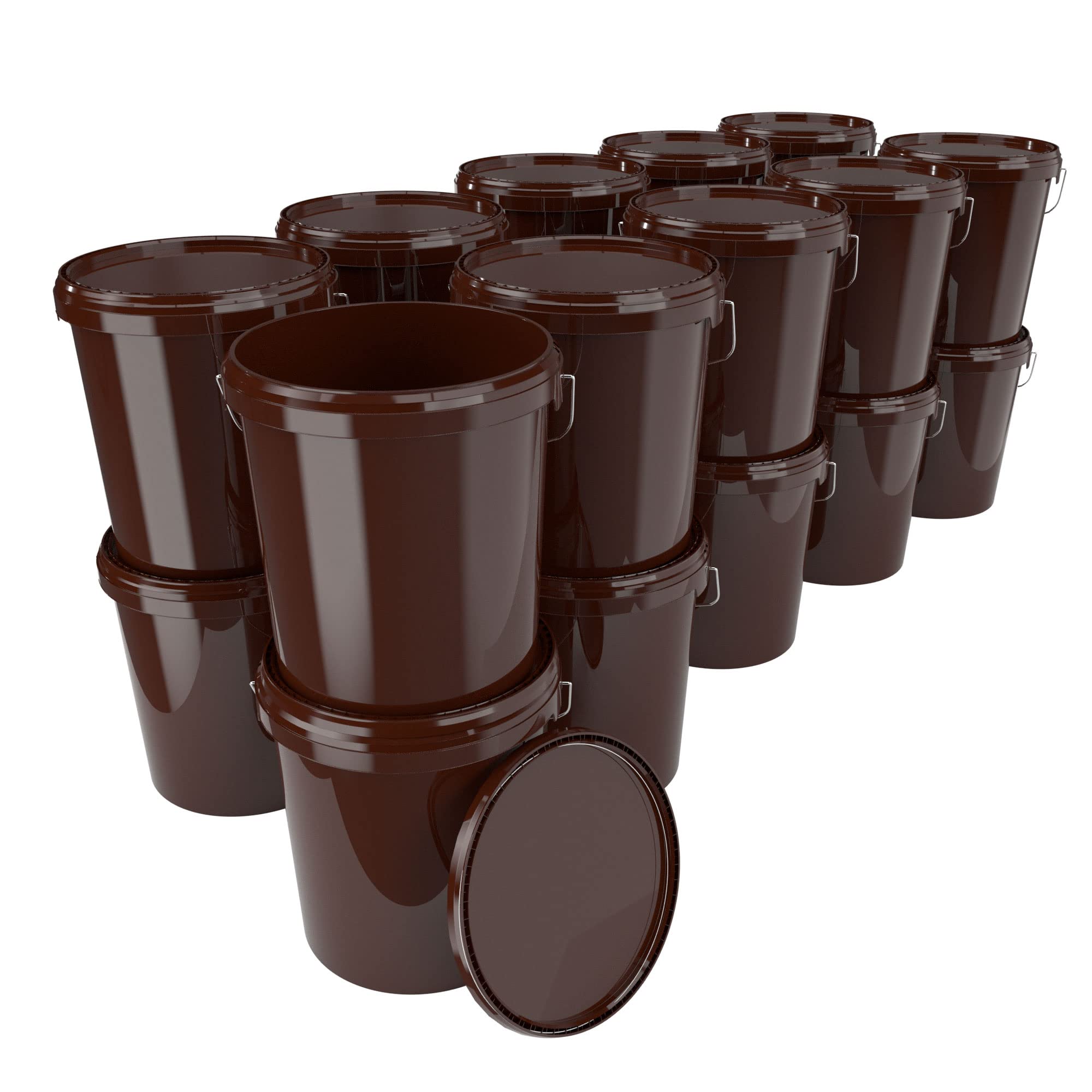 20 x buckets with lid, 16 litres, brown, food-safe, airtight and stable, empty bucket with handle and closure, lid for food, chemistry, wall, paint, washing powder, adhesives