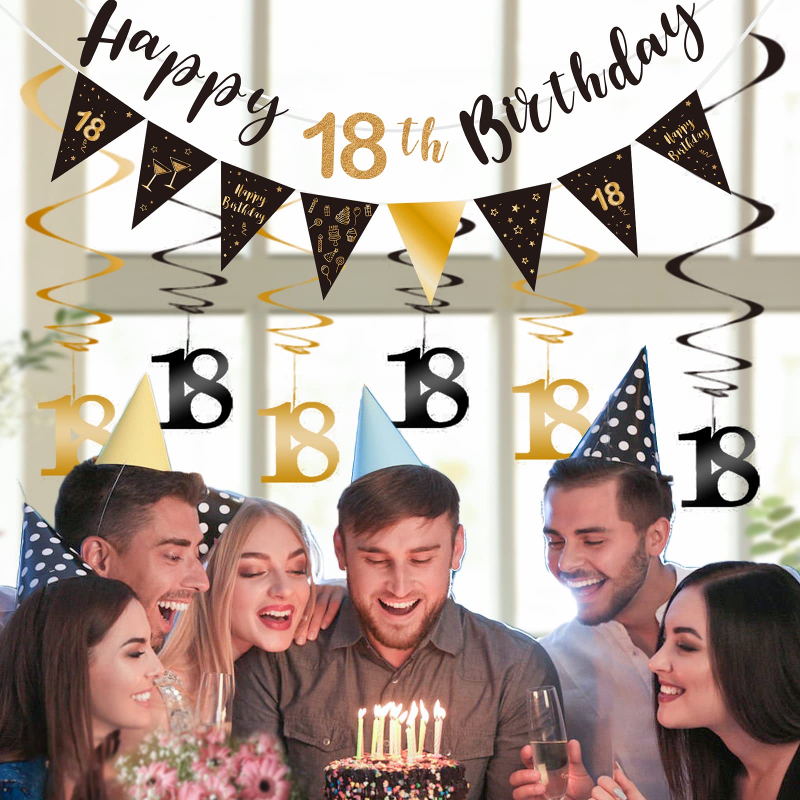 18. Geburtstag Dekoration Set Schwarz Gold - Banner, Wimpelkette & Wirbel, Für Geburtstagsparty