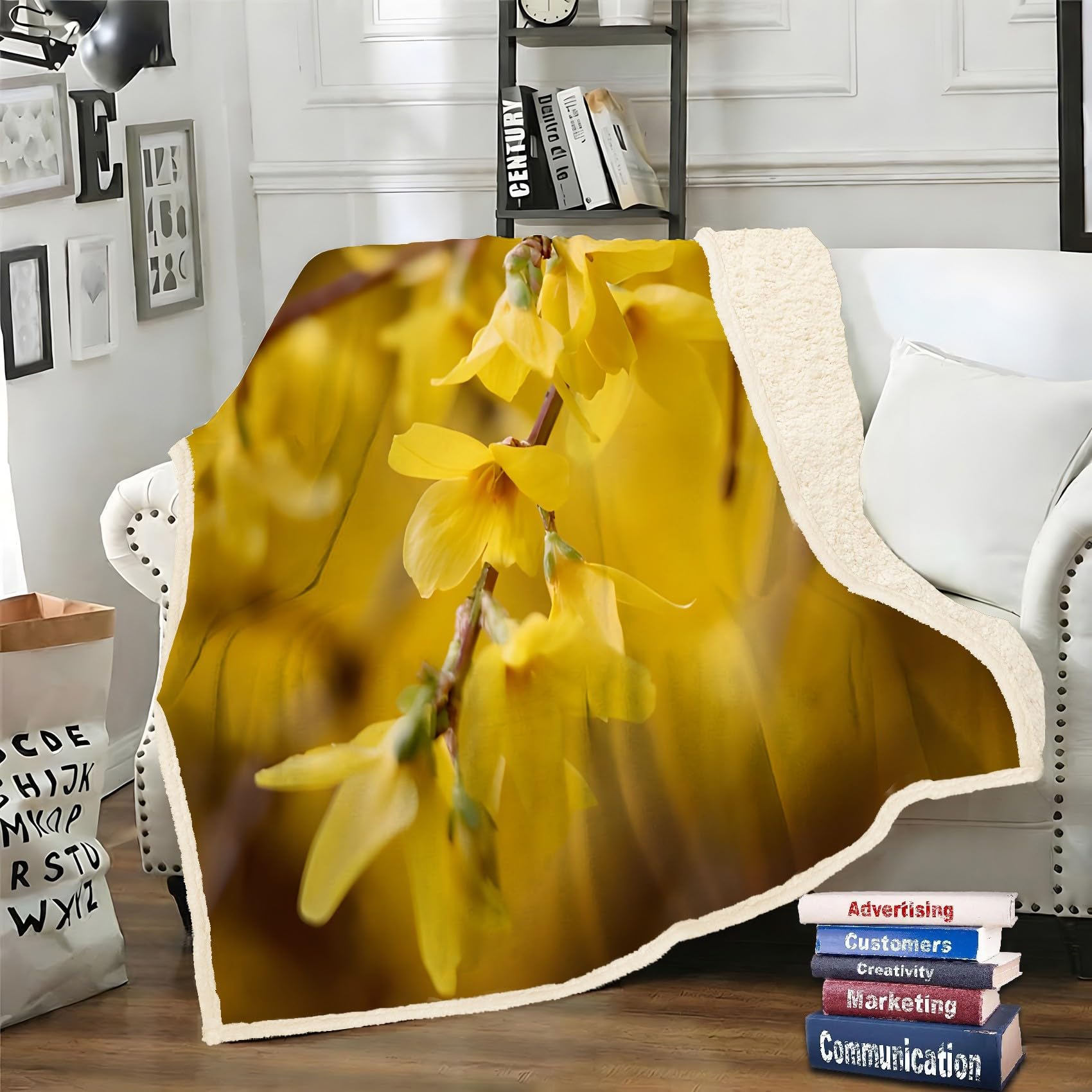 LLSZAHD Yellow Flowers Sherpa Throw Forsythia Soft and Fluffy Fleece Throw Blanket, Cozy Bed Throw for Sofa, Armchair or Travel, 130 x 170 cm