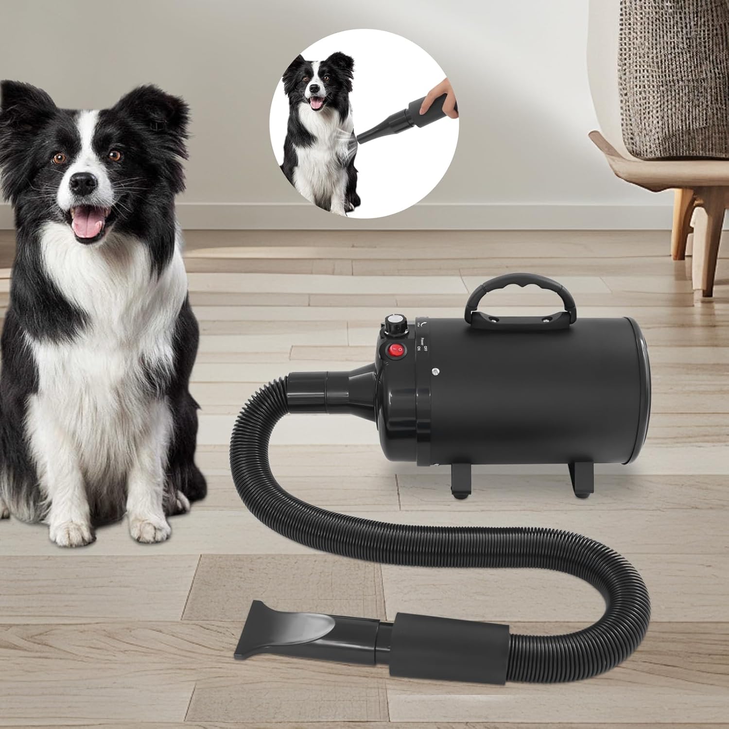 Pet Dryer, 2200W High Velocity Dog Hair Dryer Adjustable Speed and Temperature Control Dog Blow Dryer Low Noise Professional Dog Grooming Dryer with 4 Nozzles Detachable Hose (Black)
