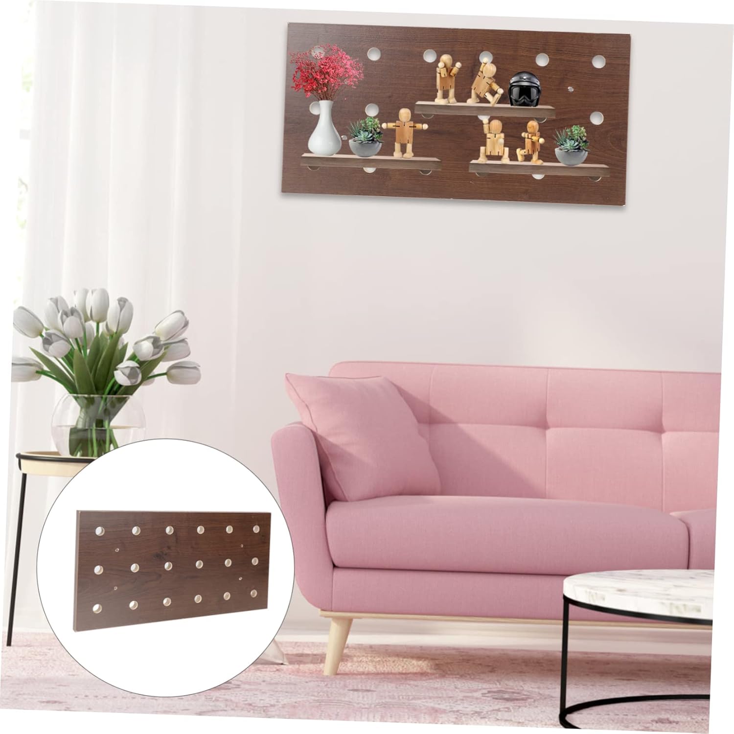 1set Hanging Pegboard Storage Rack Wooden Wall Organizer for Home Office Kitchen Easy Install No Damage Multi-Functional Shelf for Keys Tools and Decor Finish