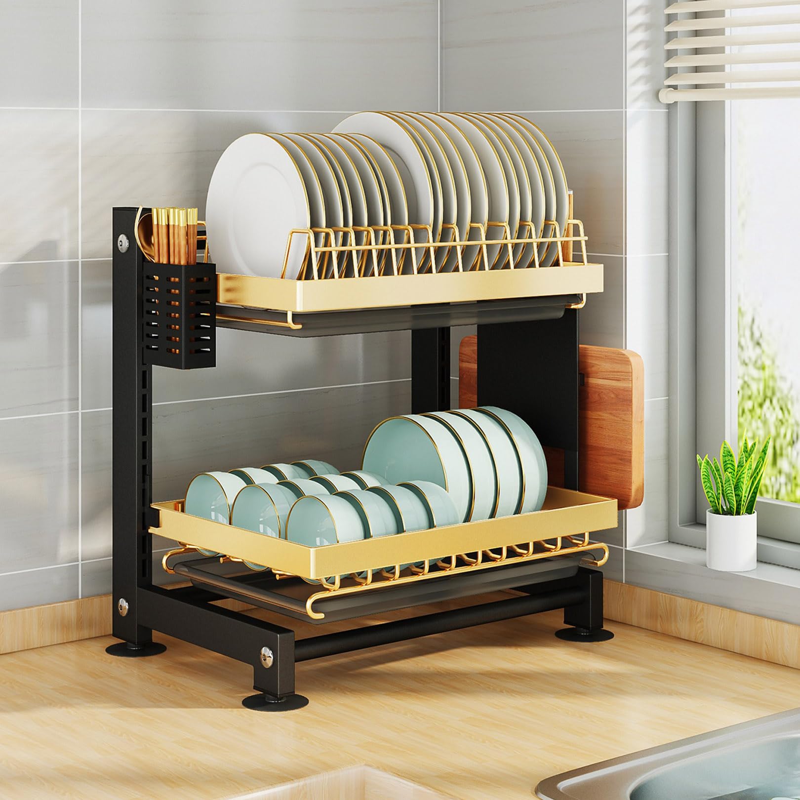 ZHJOPP 2-Tier Dish Drainer Rack with Drip Tray and Cup Holder for Kitchen Countertop,Easy Cleaning, Kitchen Organizers