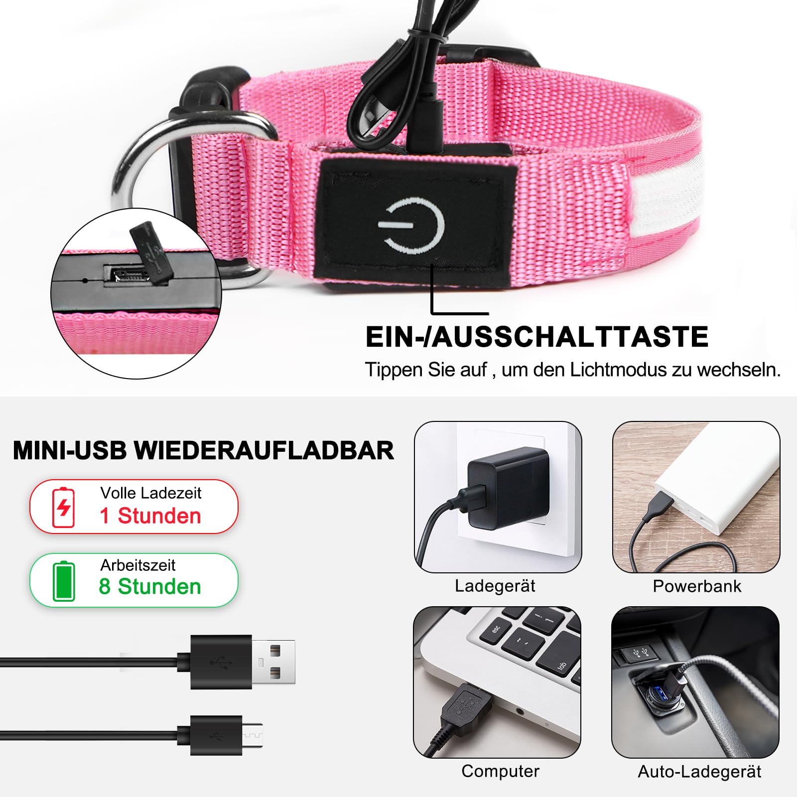 Nepfaivy Collare Luminoso per Cani Ricaricabile - Collare per Cani a Led con Lunghezza Regolabile, 3 Modalità di Illuminazione per la Sicurezza Notturna, Rosa