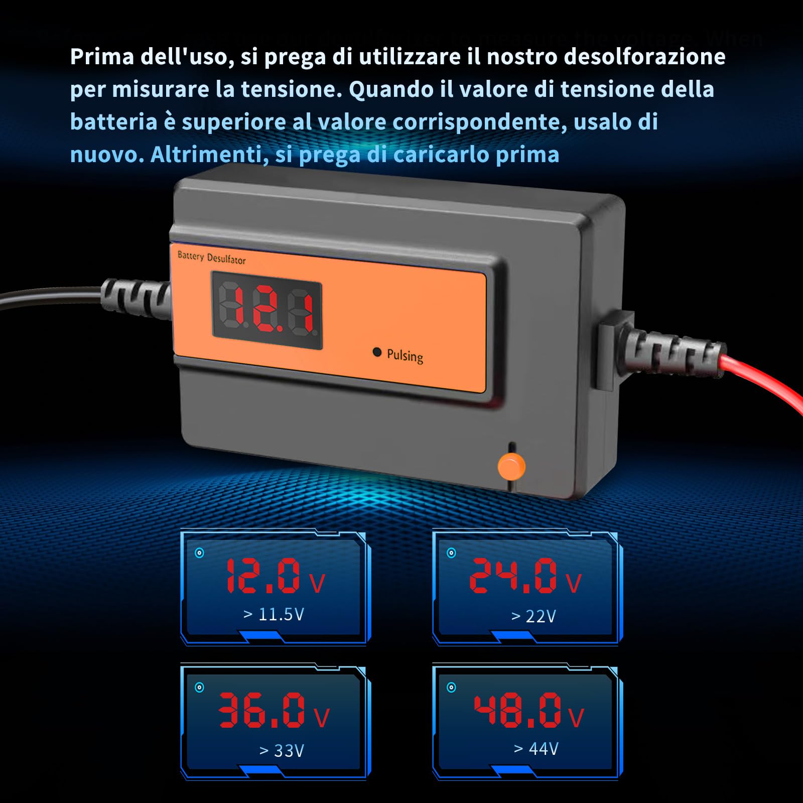 Desolfatore Automatico per Batterie al Piombo-Acido GEL, AGM, SLA, 12-48V,400AH, con Clip Grandi, per Auto, Camion, Moto, ATV, Barche, Pannello Solare (arancione)