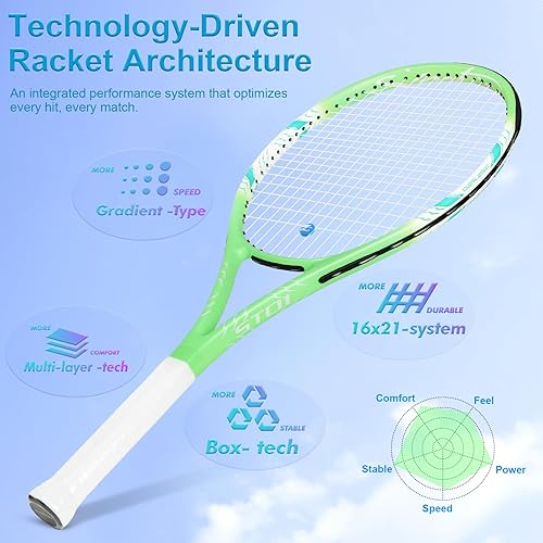 Miniatura 4 de Juego de raquetas de tenis de 27 pulgadas, raquetas de tenis preencordadas para 2 jugadores para adultos, 2 cintas de sobreagarre, 3 pelotas, 2