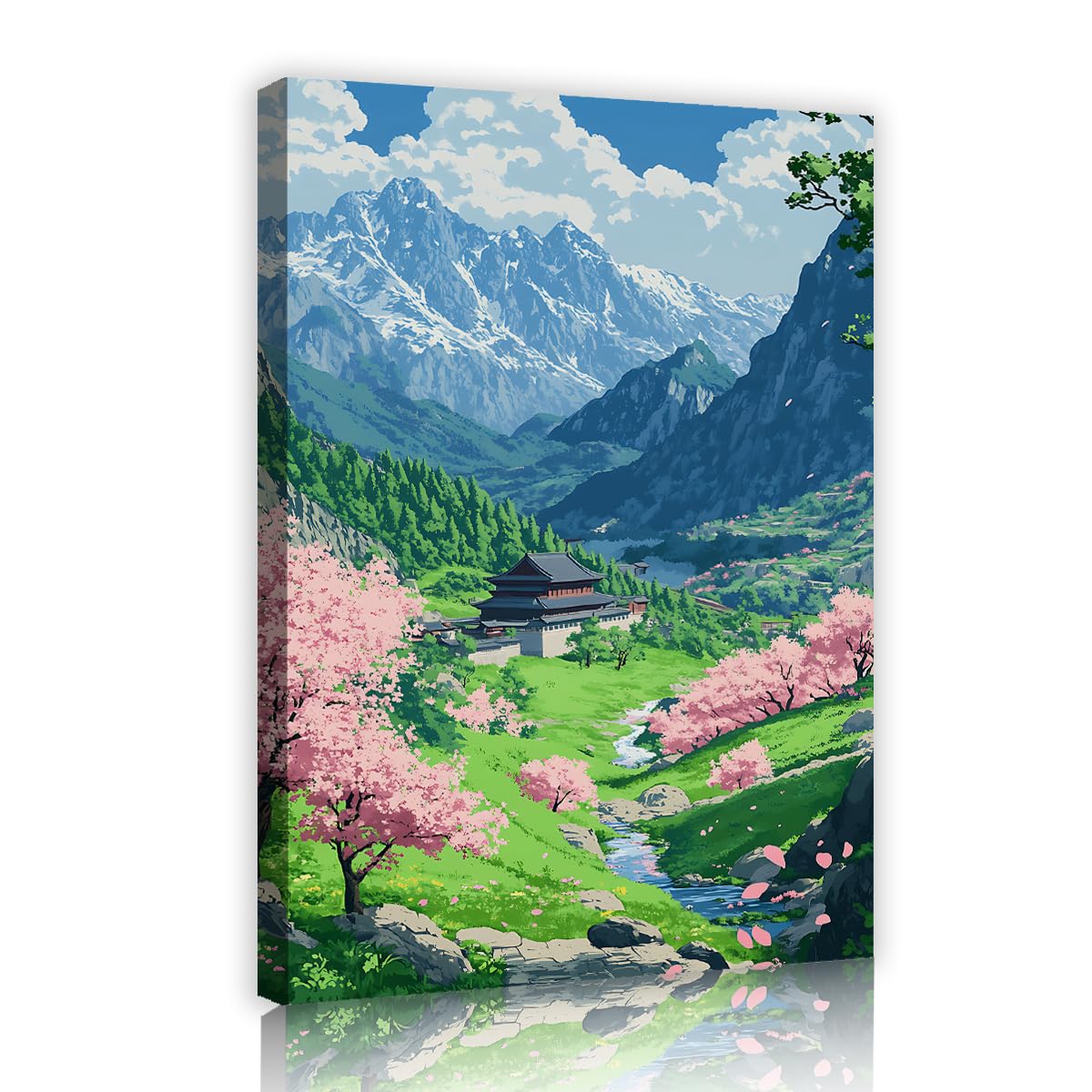 Via Vela Anime Mountain Valley Framed Canvas Wall Art Cherry Blossom River Stream Asian Scenery Poster Nature Art Print For Living Room Bedroom Cozy Home Decor 60x90cm