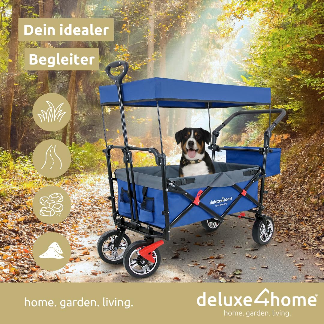 Bollerwagen mit Dach Faltbar Blau I Handwagen Transportwagen bis 80 kg I Breite Reifen Trolley Bremsen I Robuster Wagen Kinderwagen Strandwagen