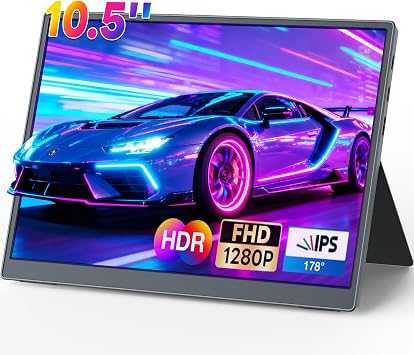 Portable Monitor 10.5 inch 1280P 420 Nits100% sRGB Ultra-Slim Travel Monitor, HDR 1610 Display with Adjustable Stand &Speakers USB-C HDMI, External Monitor for Laptop PC Phone