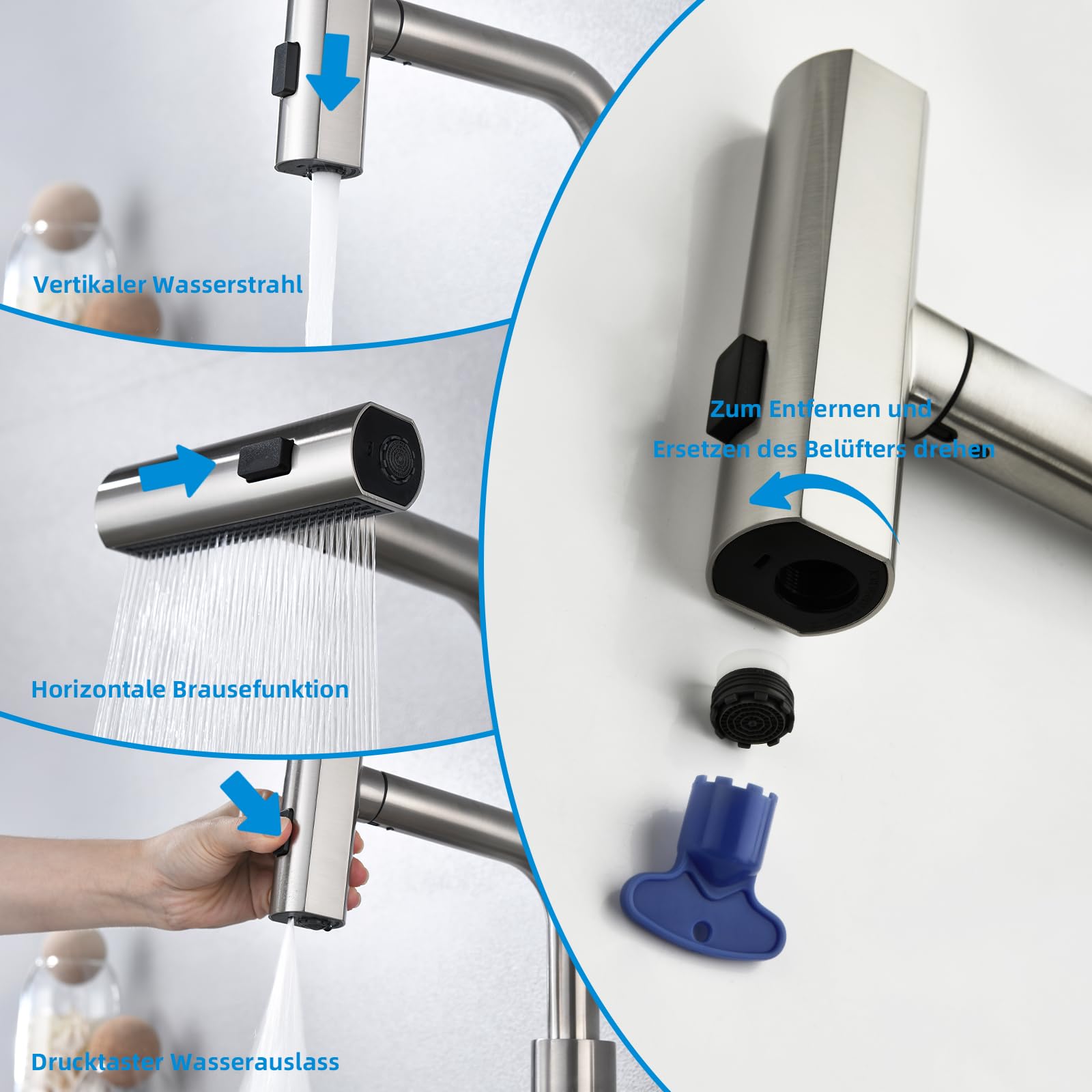 Küchenarmatur Wasserhahn Küche Glasspüler, Ausziehbar 3 Strahlarten | Spültischarmatur Küche Mynaiad mit Glasspüler, 3 Auslauf-Modi, 360°-Drehung, Schwarz 304 Edelstahl, für Küche, Bad und Bar