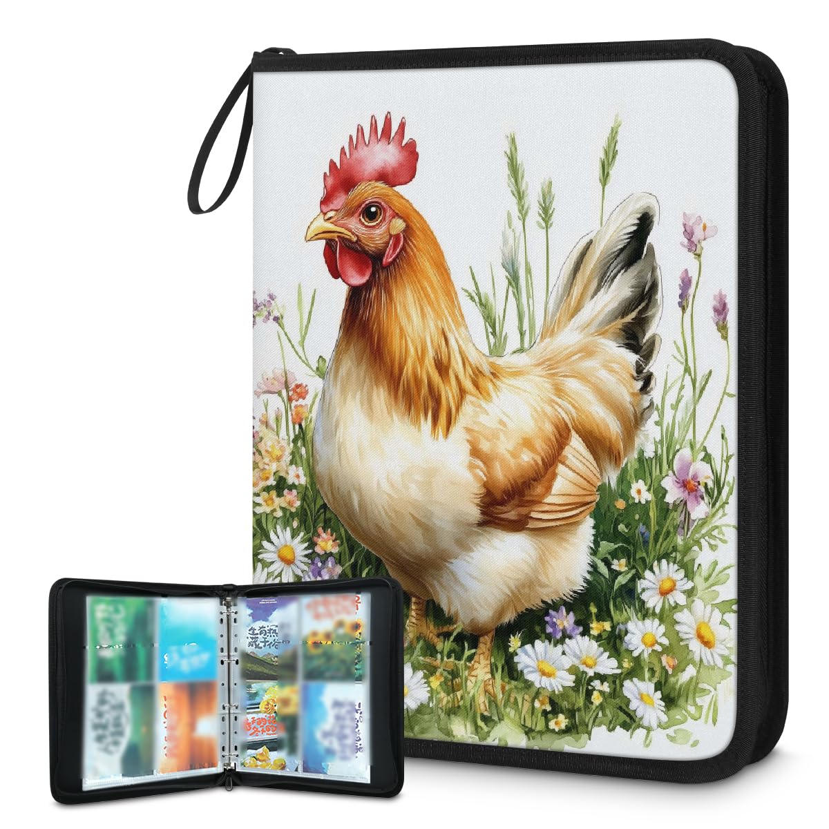 Carpeta de tarjetas coleccionables con 4 bolsillos, diseño de gallo y gallina, álbum de tarjetas con fundas extraíbles, impermeable, con cremallera, capacidad para 50 páginas y 400 tarjetas