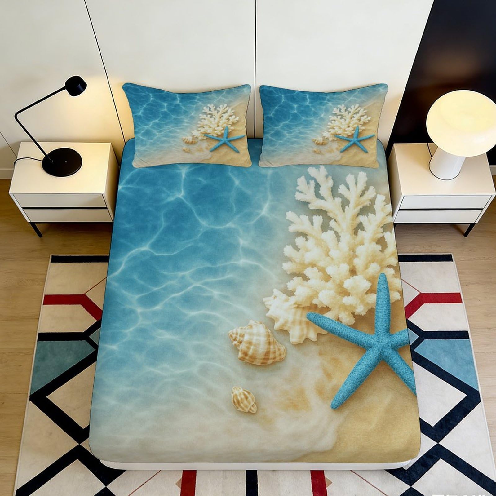 3D Printed Ocean Beach Fitted Sheet Microfiber Soft Sand Starfish Mattress Cover for Bedroom Guest Room Decor 90x200x25cm