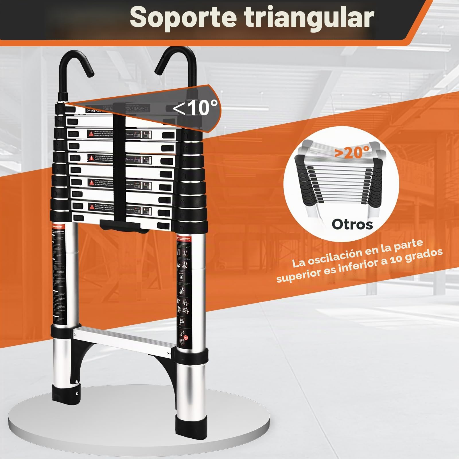 Escalera telescópica de 3.2 m con Ganchos y pies Antideslizantes, Escalera Plegable de Aluminio Ligero para altillos, Casas rodantes, Exteriores e Interiores, Capacidad de Carga de 150kg.Argentato