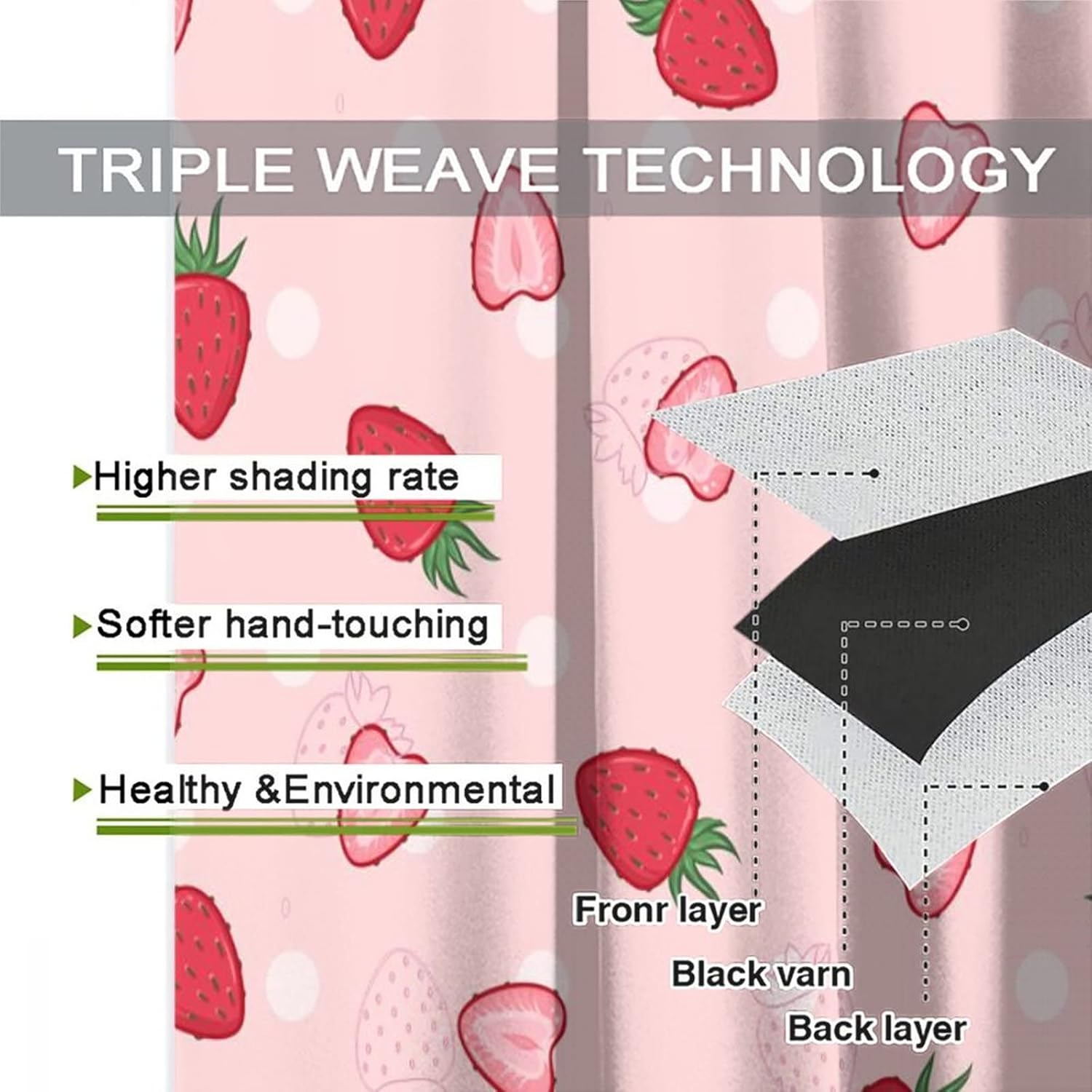 Pink Red Strawberry Curtains for Bedroom - Girls Cartoon Cute Fruit Strawberry Print Window Drapes,Energy Saving Blackout Grommet Curtains 2 Panels 63L x 21W