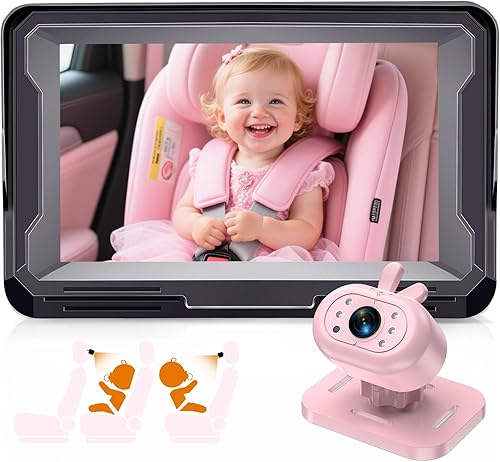 AMTIFO Cámara de coche de bebé rosa para asiento trasero Cámara de asiento de coche con orientación trasera HD 1080P con visión nocturna IR,