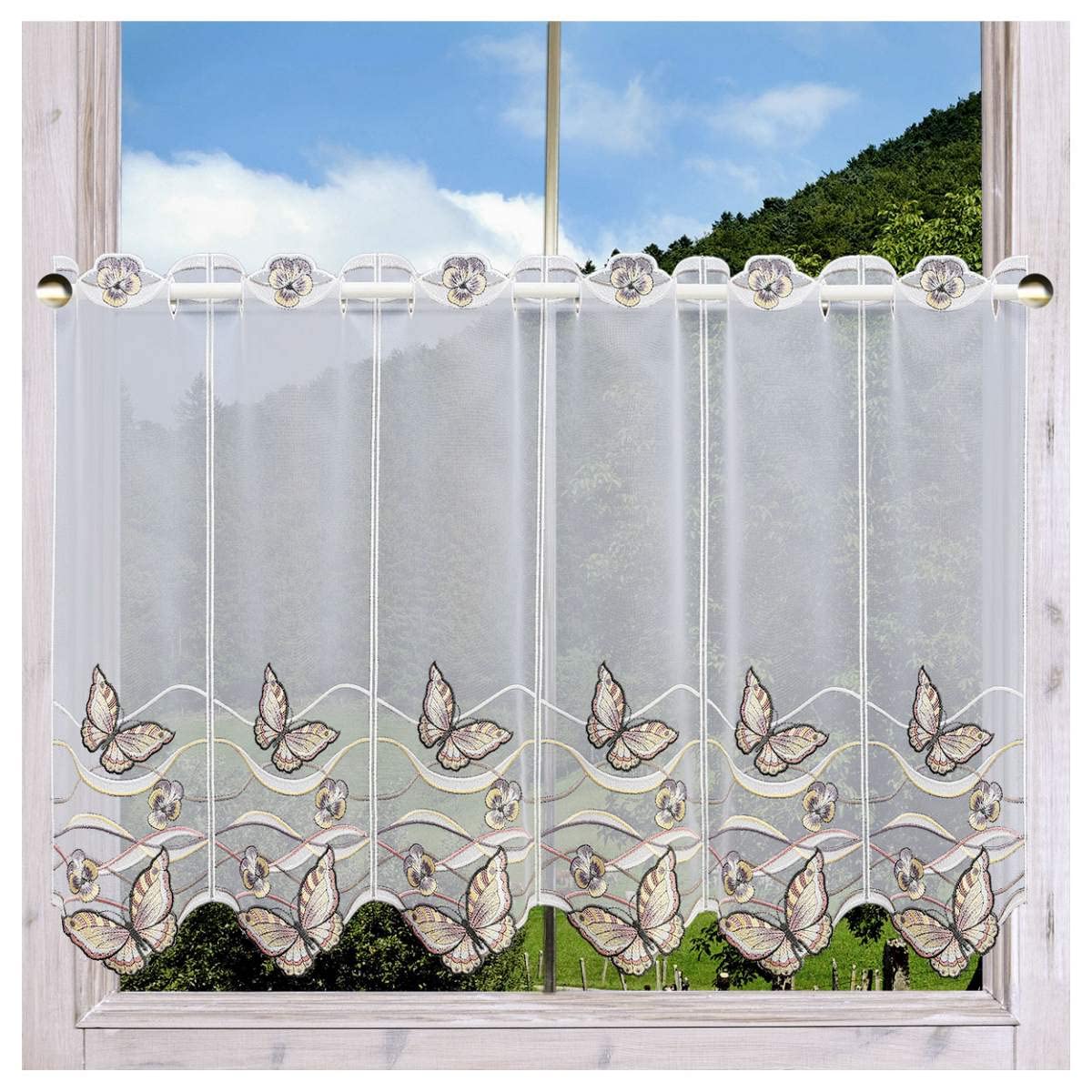 Bestickte Scheibengardine Schmetterling gelb-braun mit hochwertiger Plauener Stickerei 55 x 80 cm