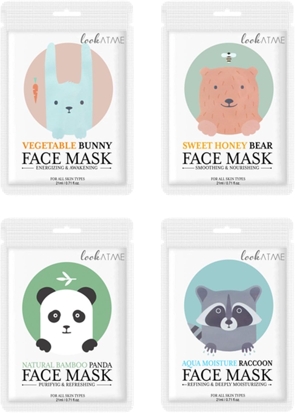 Lookatme Animal face mask - 4 Premium Cute Face Sheet Masks For Purifying, Energizing, Smoothing, Moisturizing. Awesome Korean skin care