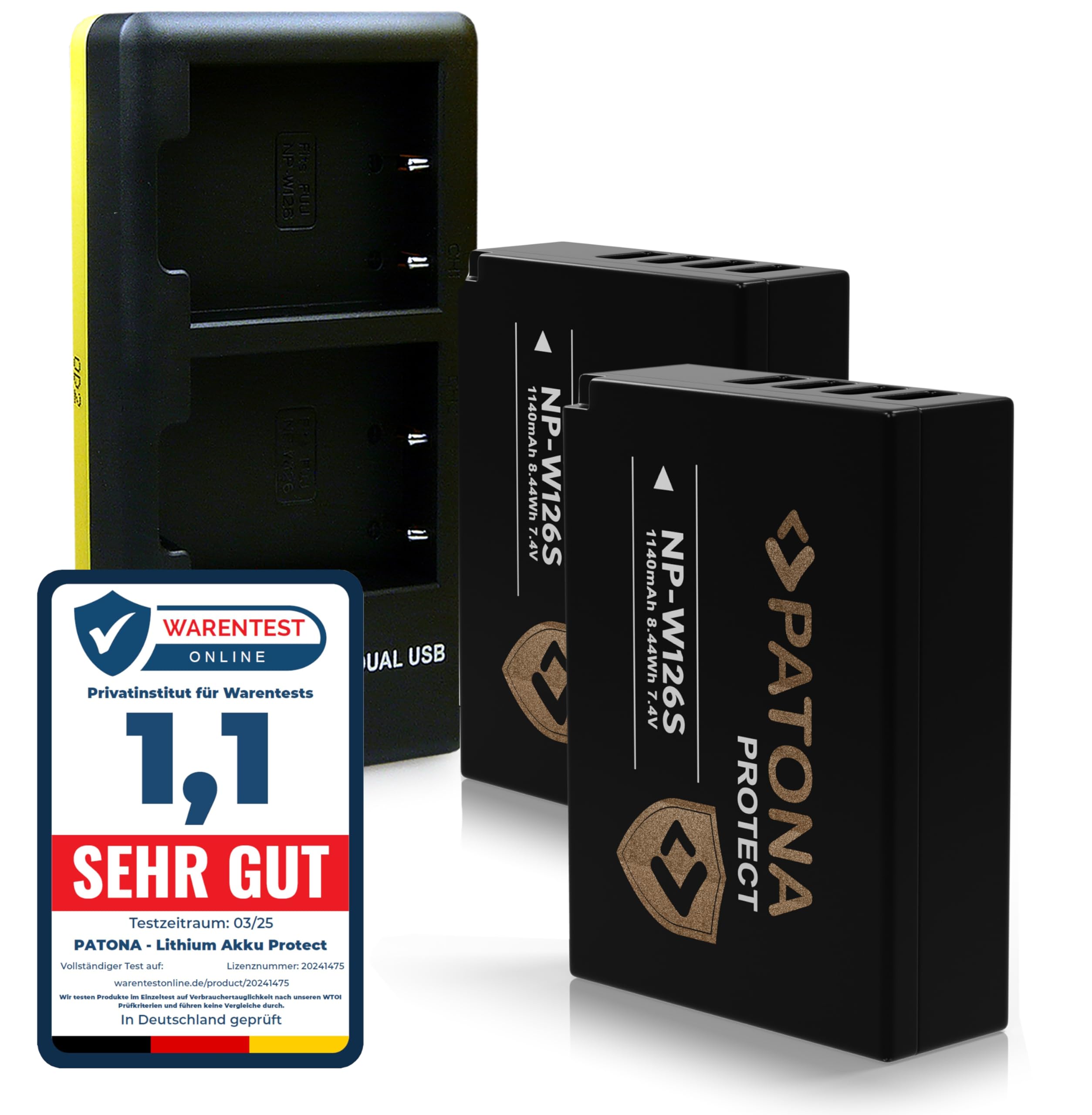PATONA Kit Dual Chargeur USB-C & Batterie 2X NP-W126S Protect, 1210mAh | Batterie pour Fujifilm NP-W126 X-M5 X-M1 X100F X100V/VI XA1-XA3 XA5 XS10 XT3 XT20 XT30, NTC-Sensor & étui protecteur