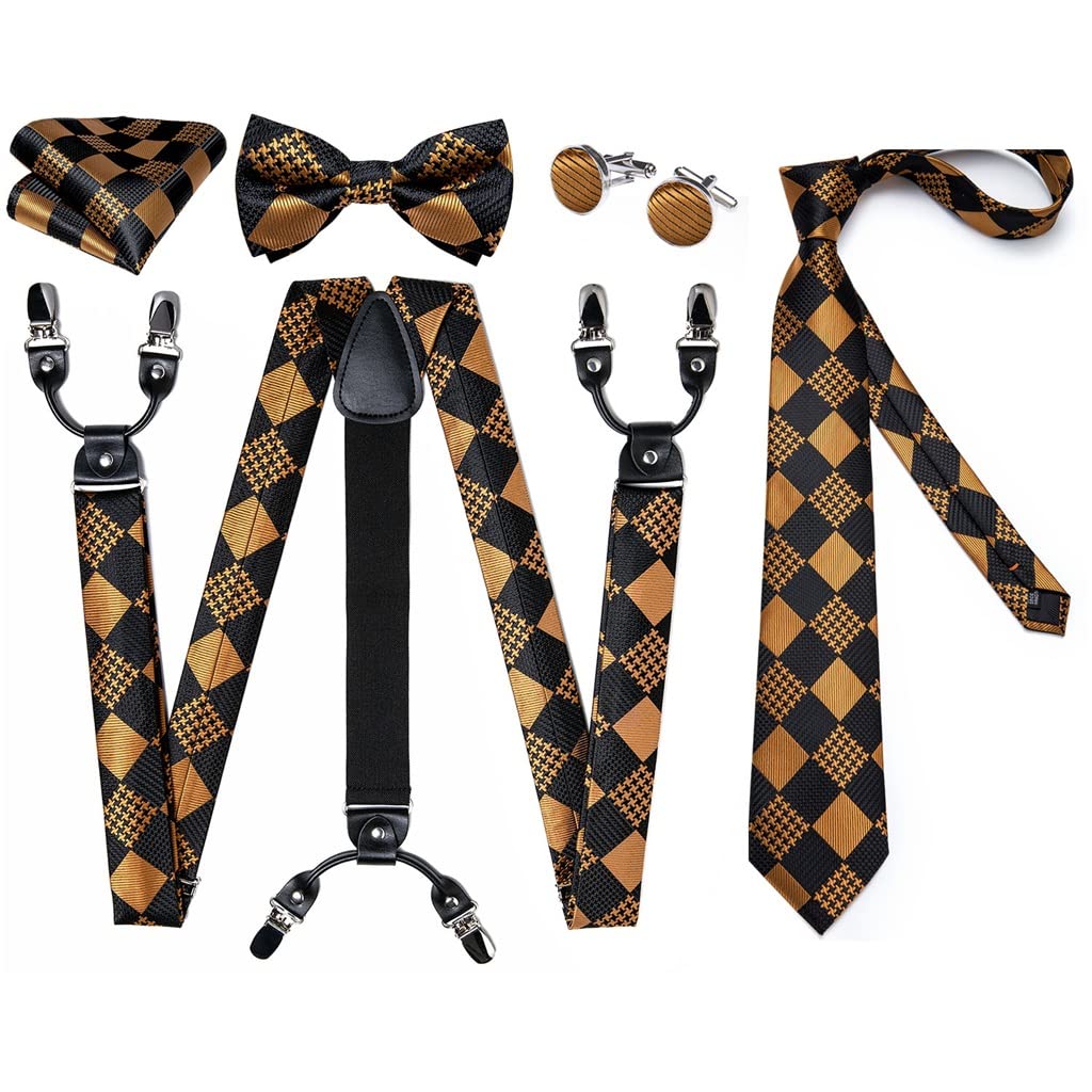 Tirantes de Seda Ajustables para Hombre, Pajarita, Gemelos, pañuelo de Bolsillo, Clips de Metal, Tirantes elásticos en Forma de Y, Correa Ancha (Color: D, Talla única) (b