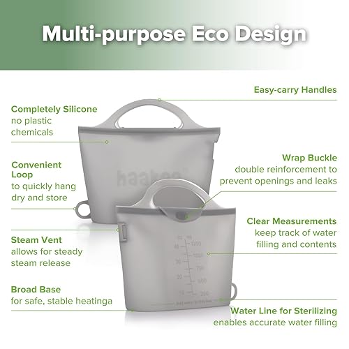 Miniatura 5 de Haakaa Portátiles - Bolsas esterilizadoras de vapor de silicona para microondas, para viajes, bolsas de vapor reutilizables de silicona de Gris, 2