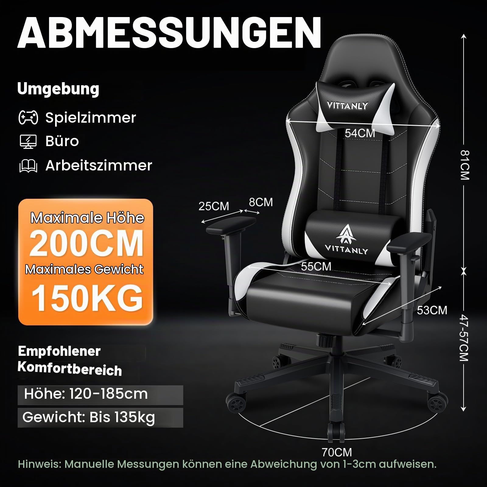 Vittanly Gaming Stuhl, 90-165° Rückenlehne, Tragkraft 150 kg, Weiß | Kopfstütze und Lendenkissen, Gaming Chair, Gamer Stuhl, Gaming Sessel, Bürostuh, Schreibtischstuhl
