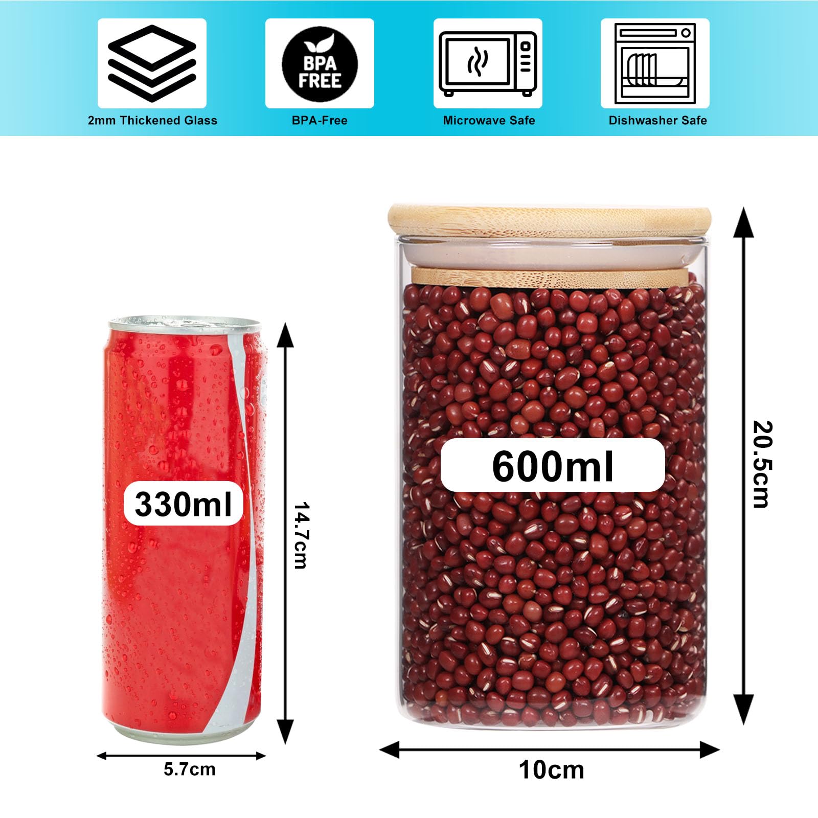 Juego de 6 tarros de cristal de 600 ml con tapa redonda, recipiente de cristal de borosilicato con tapa de bambú, recipiente de cristal para guardar ingredientes de cocina, para café, azúcar,