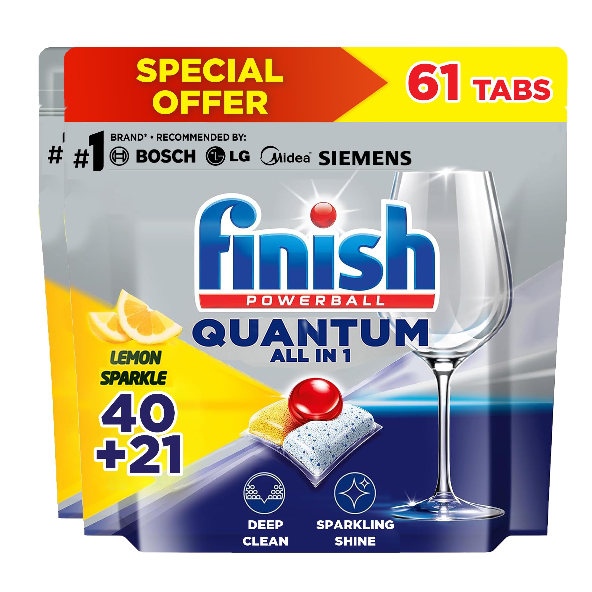 Powerball Quantum Dishwasher Detergent, Lemon Sparkle Scent, 61 Tabs (Pack of 40 + Pack of 21)