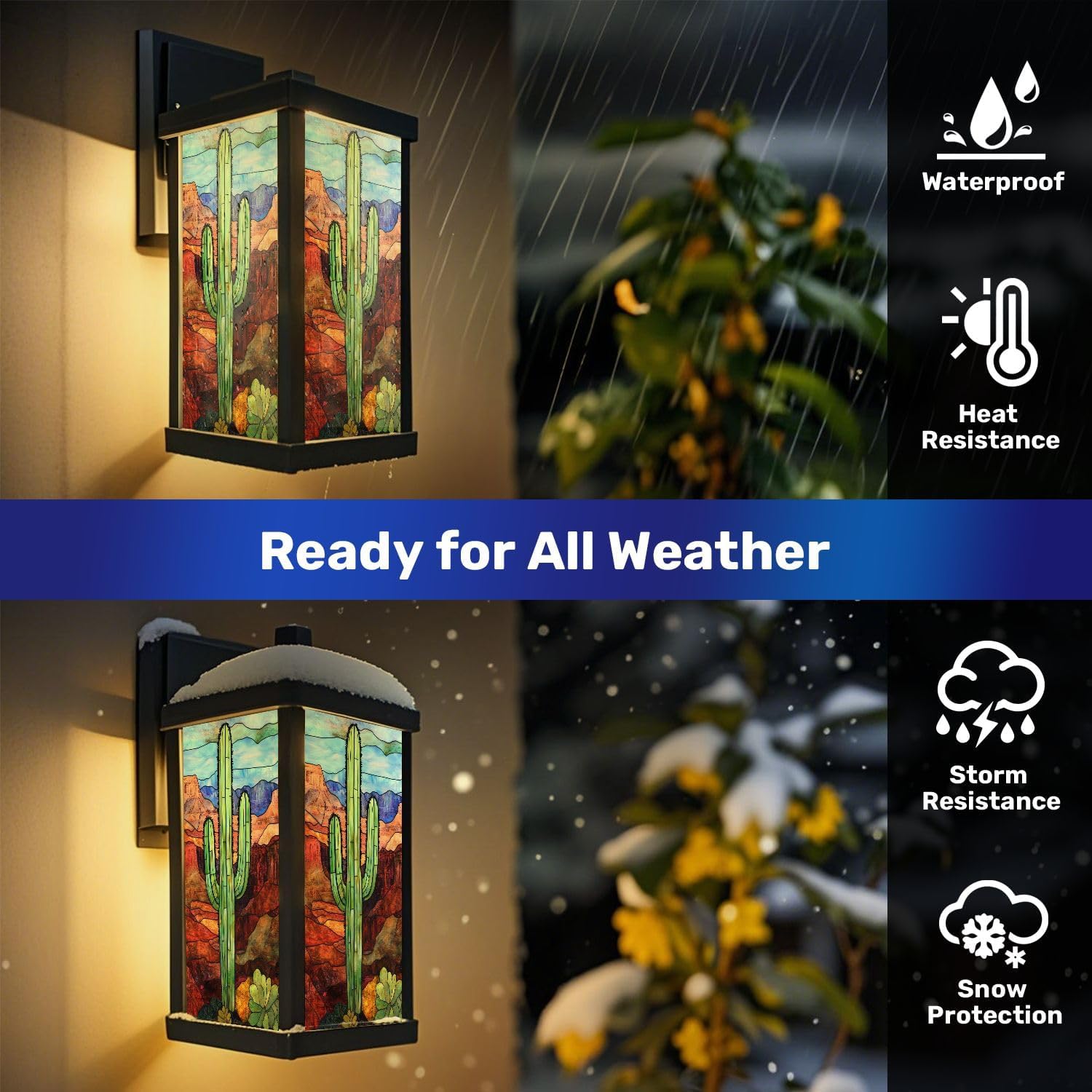 Outdoor Wall Light Fixtures Stained Glass Decor Saguaro Cactus Twilight Desert Western Exterior Waterproof Wall Sconce Lantern with Acrylic Shades Anti-Rust Lamp for Patio Doorway Garage