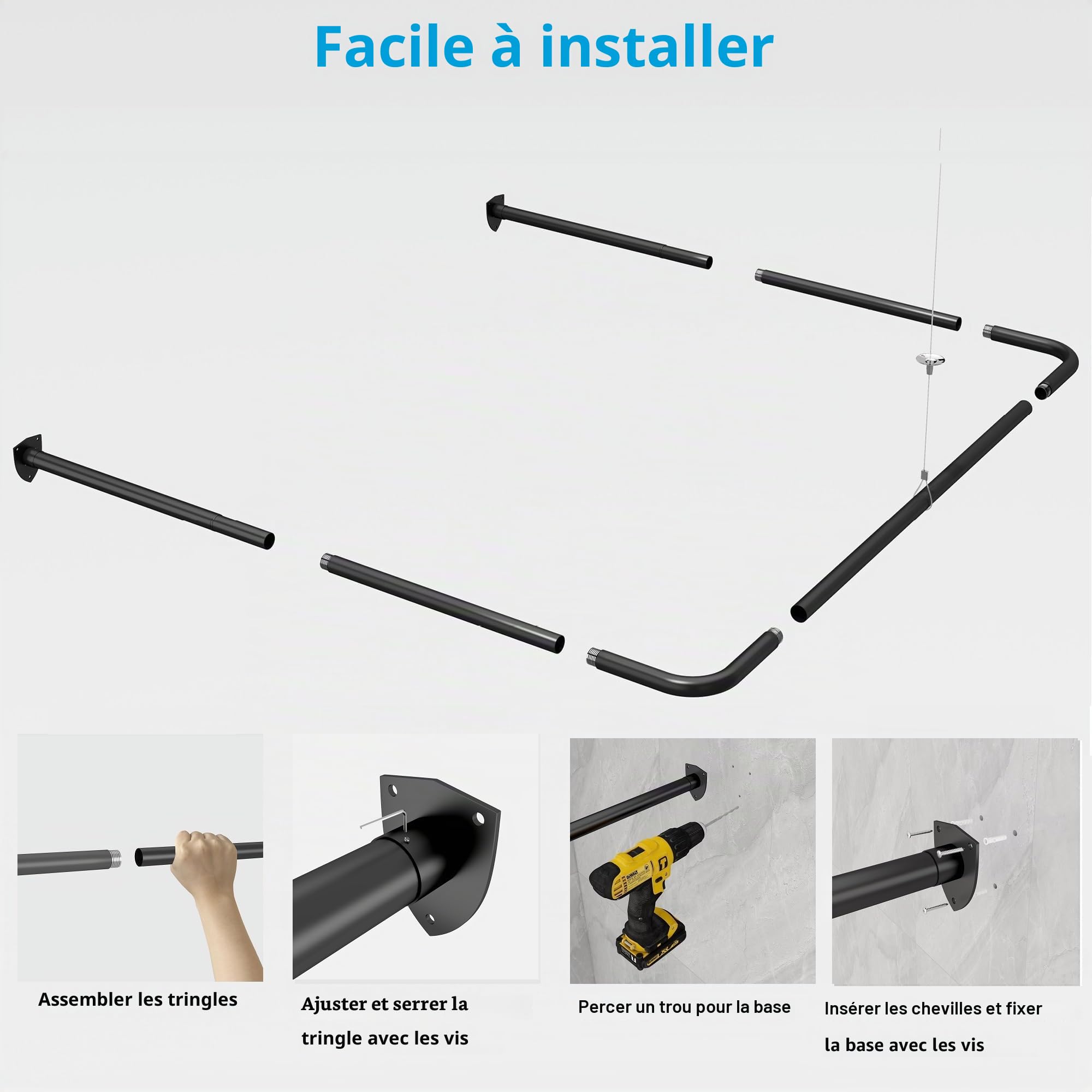Tringle à rideau de douche en forme de U, barre de douche d'angle avec 12 anneaux de rideau et support de plafond pour baignoire/salle de bain, montage par perçage requis [Deux côtés : 60 cm - 132 cm