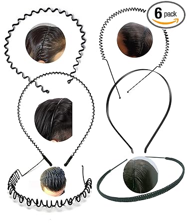 Flysales Black Flexible Metal Wavy,Spring Zig Zag ,Chain and Simple Hair Band Hair Hoop Hairband Daily Use for Unisex Men Women (Design_1(Pack 6))