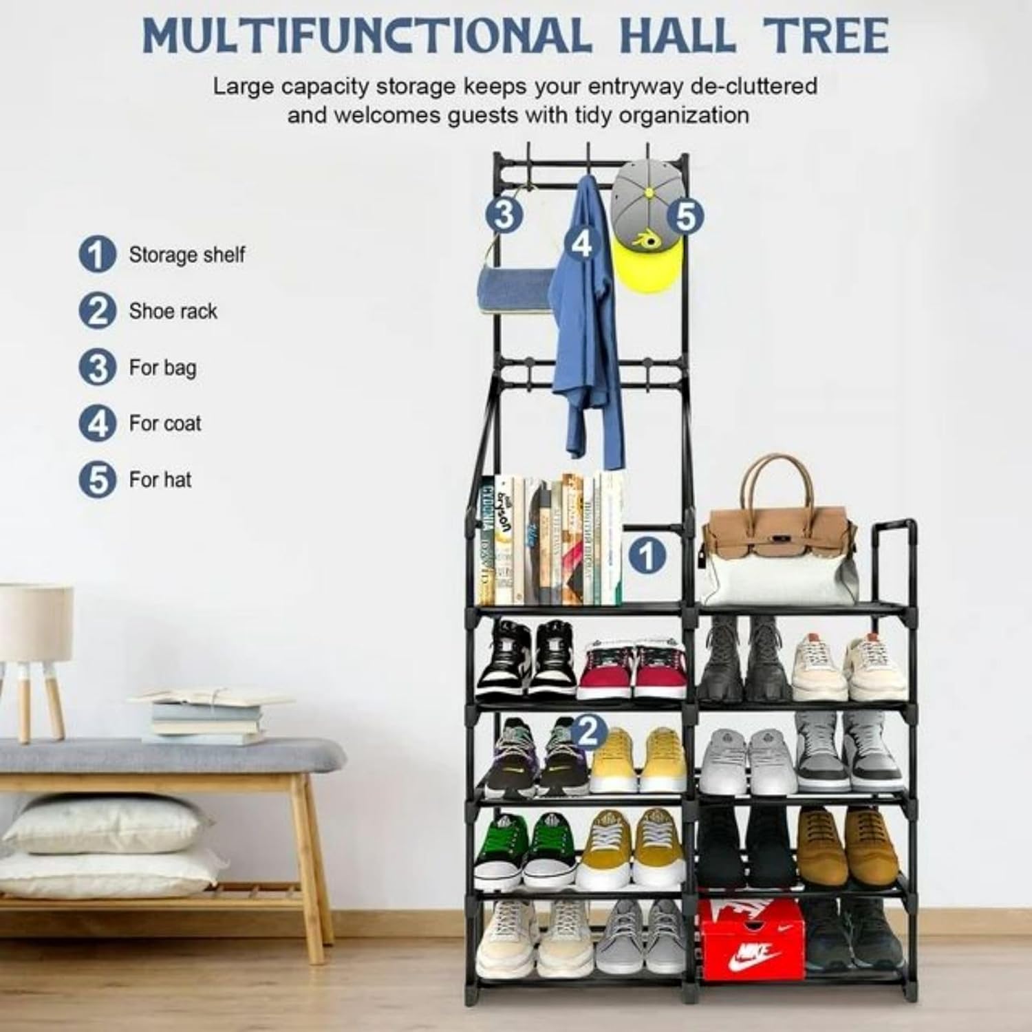 Hall Tree with Shoe Storage, 25-30 Pairs Shoes Vertical Metal Storage Rack Organizer Support Coats, Hat, Keys,Purse Hanging, Floor Standing Shelf for Entryway Door Home Closet,33" W