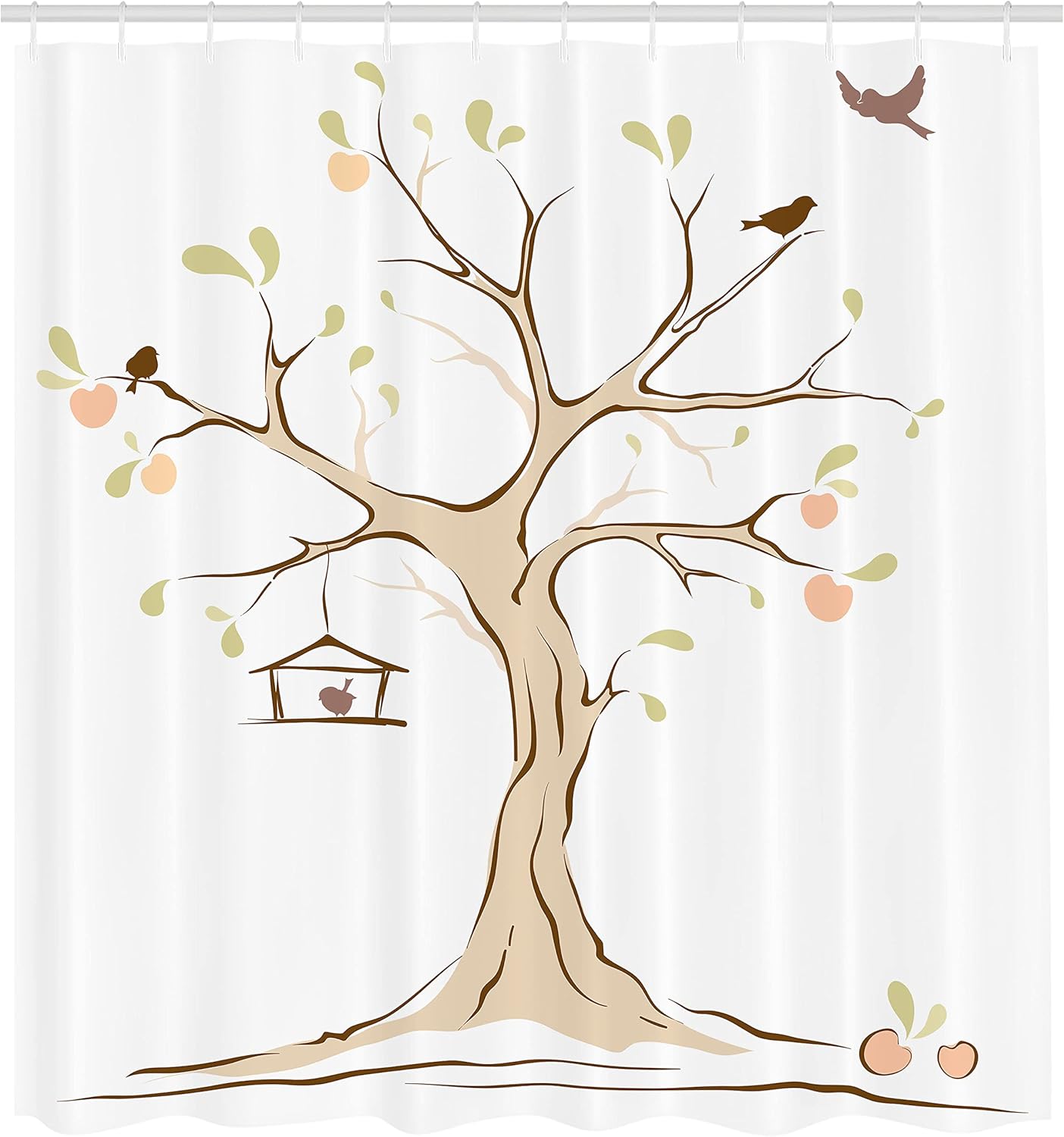 Ambesonne Tree of Life Shower Curtain, Mature Apple Fying Birds and The Nest Fruit Family Nature Food Image, Cloth Fabric Bathroom Decor Set with Hooks, 69" W x 70" L, Eggshell White Pink
