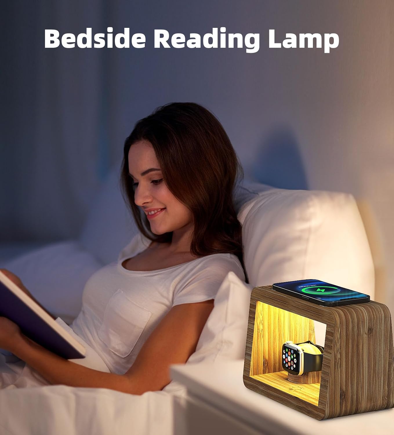 Bamboo Charging Station for Multiple Devices, 15W Fast Wireless Charger Night Light with 3 Color& 4 Adjustable Brightness, Night Stand Charger Station for iPhone/iWatch/AirPods (6953)