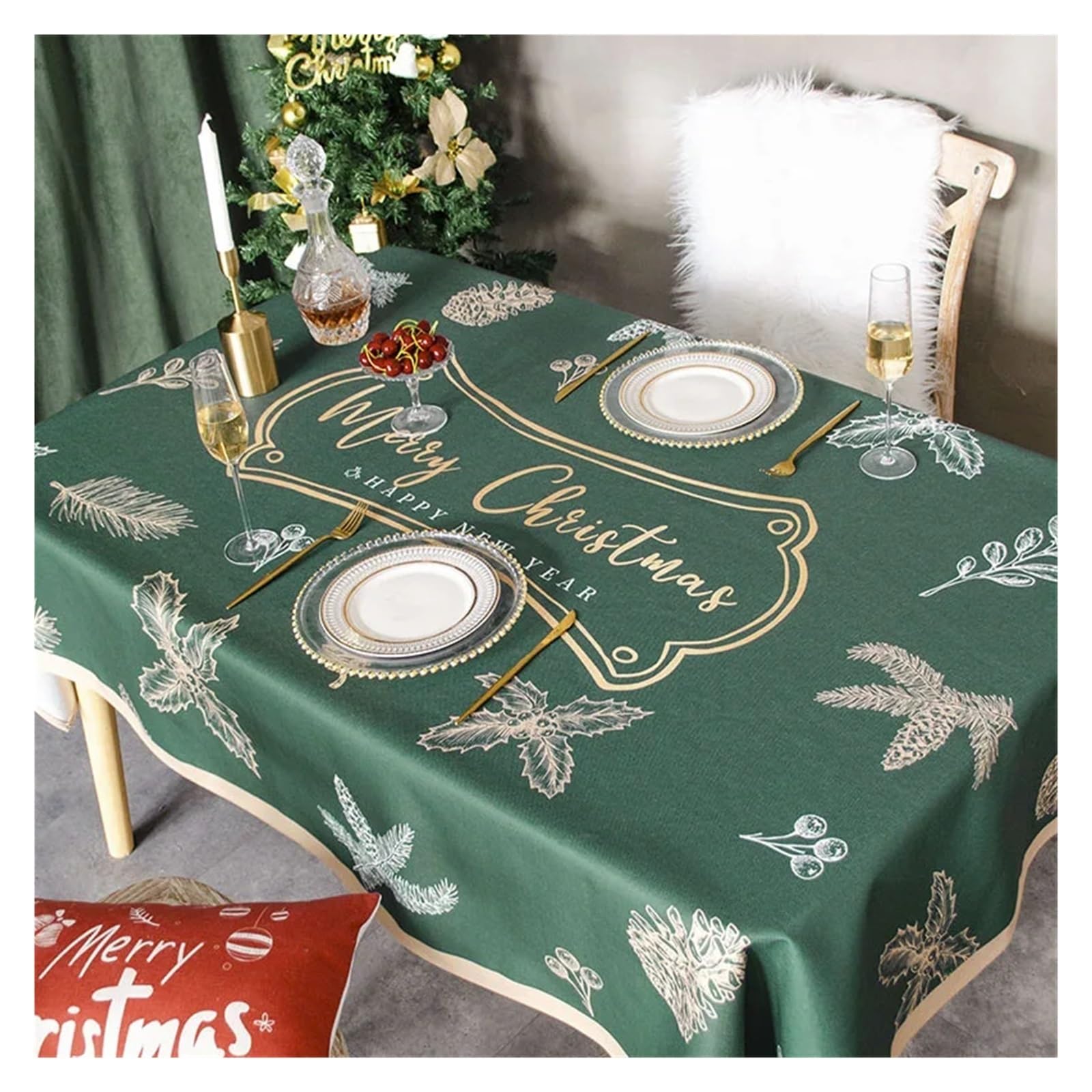 tischtuch weihnachten Wind Fest Weihnachten Tuch Kunst Tischdecke Wasserdicht und Öl-beständig Haushalt Urlaub Party Dekoration Zubehör Tisch Matte für Partys, Dekoration(White,140x140cm55x55inch)
