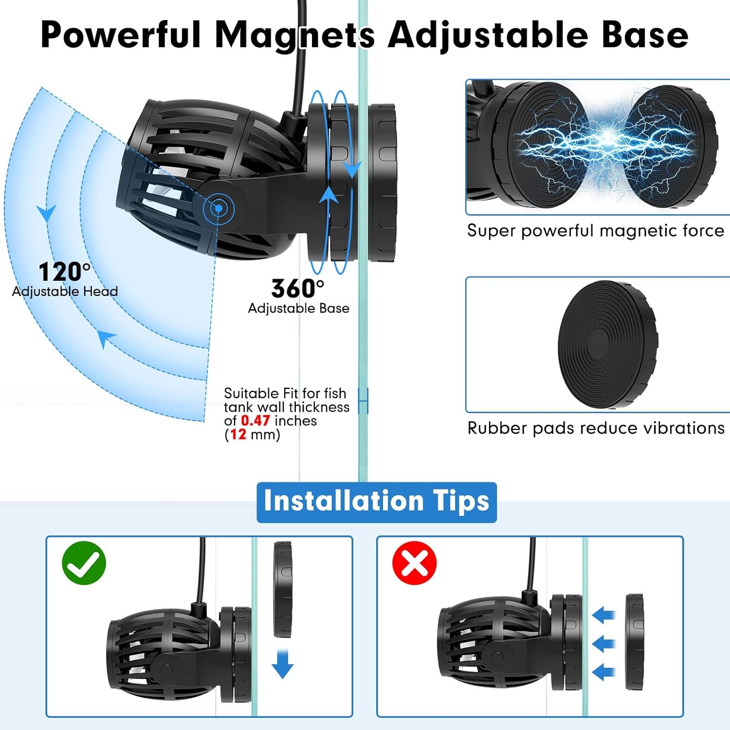 fishkeeper Aquarium Wave Maker, 1600GPH Adjustable Submersible Aquarium Powerhead with Magnetic Suction Base for 15-90 Gallon Tank Circulation Pump for Saltwater Freshwater